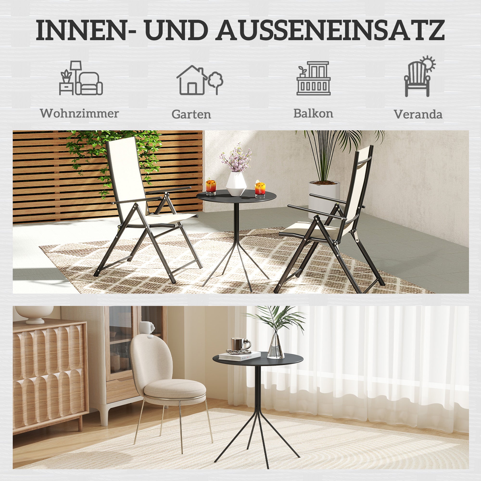 Folding Garden Table Ø60 x 71 cm, Weather-resistant Steel Patio Table, Round Side Table with Foot Pads, Outdoor Dining Table, Camping Table, Patio Table for Garden Terrace Balcony Black