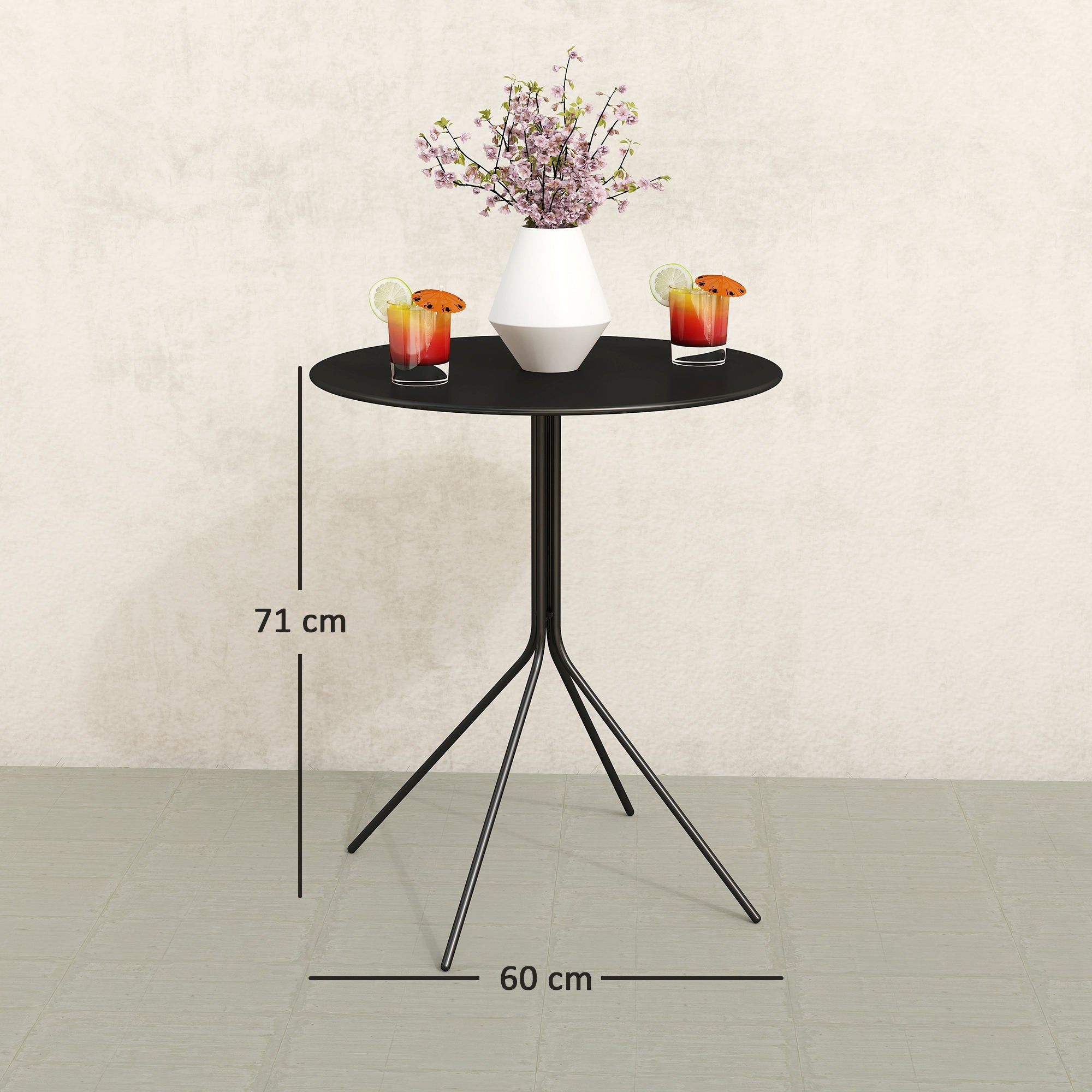 Folding Garden Table Ø60 x 71 cm, Weather-resistant Steel Patio Table, Round Side Table with Foot Pads, Outdoor Dining Table, Camping Table, Patio Table for Garden Terrace Balcony Black