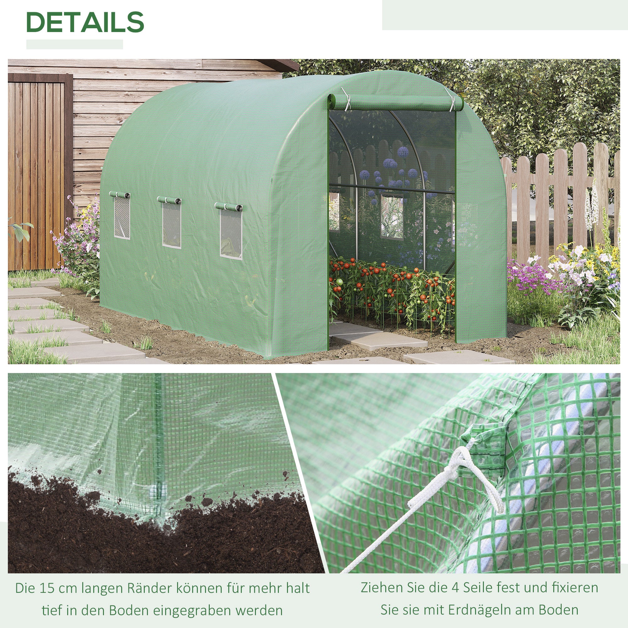 Greenhouse 350x200x200cm Foil Greenhouse Tomato House with Door, 6 Windows, Foil Tunnel made of galvanized steel, PE, stable greenhouse plant tunnel, including ground anchors & ropes, Green