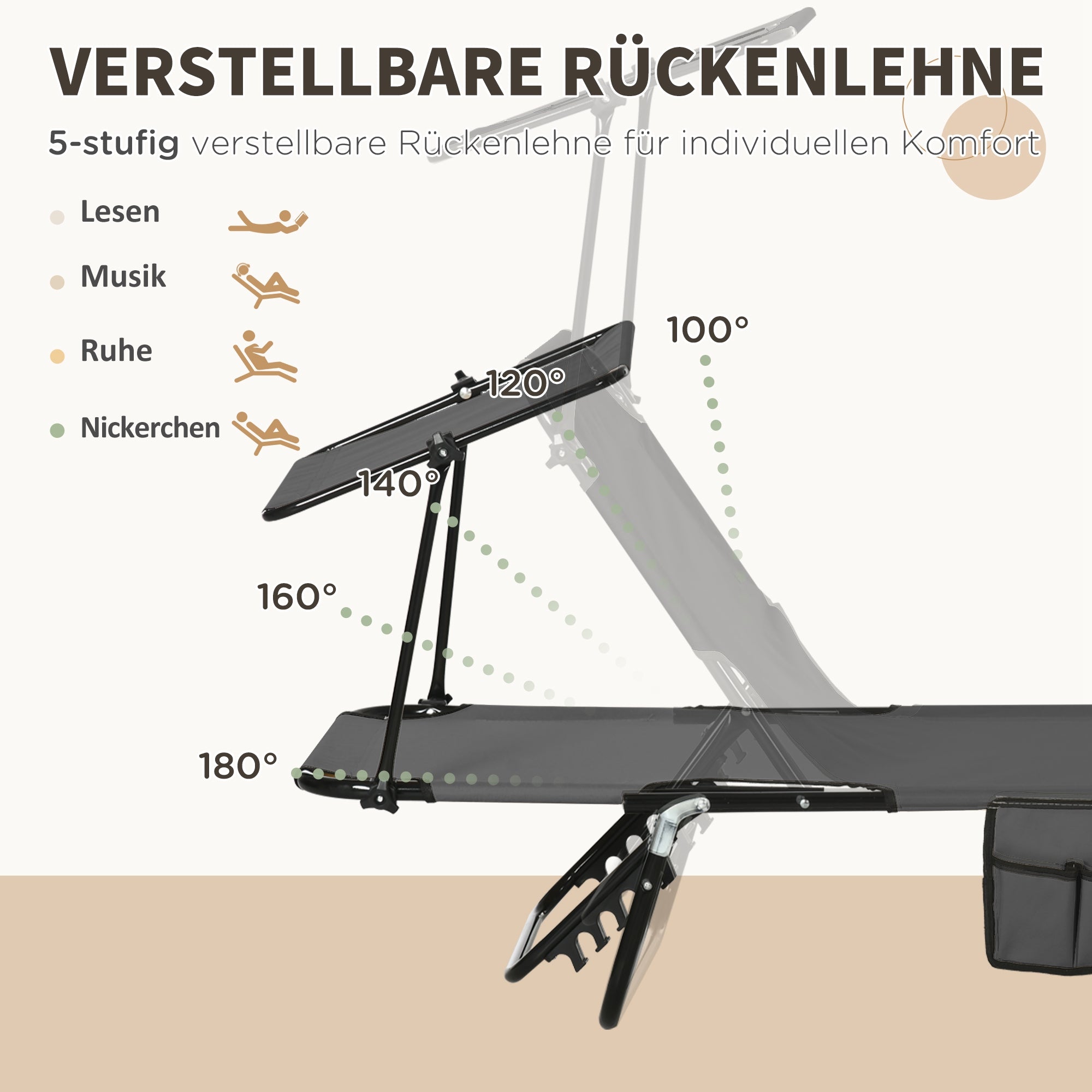 Set of 2 Folding Sun Loungers with Sun Canopy, 5-Position Adjustable Backrest, 265 lb Capacity — Dark Gray Outdoor Chaise Lounges for Pool & Beach