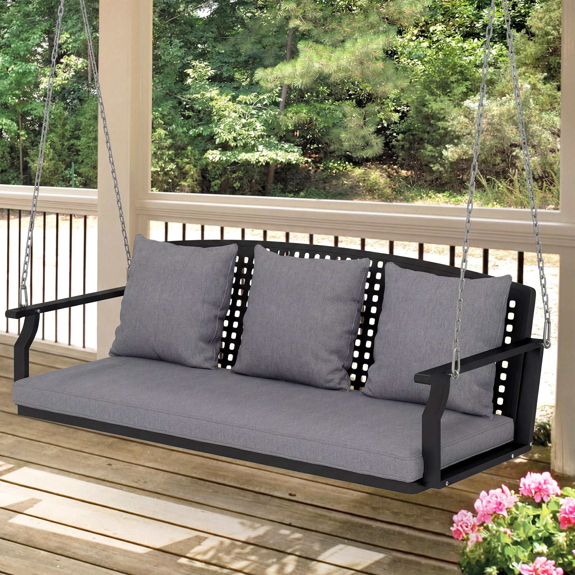 3-Seater Hanging Bench – Steel Porch Swing with 3 Back Cushions, Weather-Resistant, Holds up to 794 lb, Gray (60.6 x 26.0 x 20.1 in)