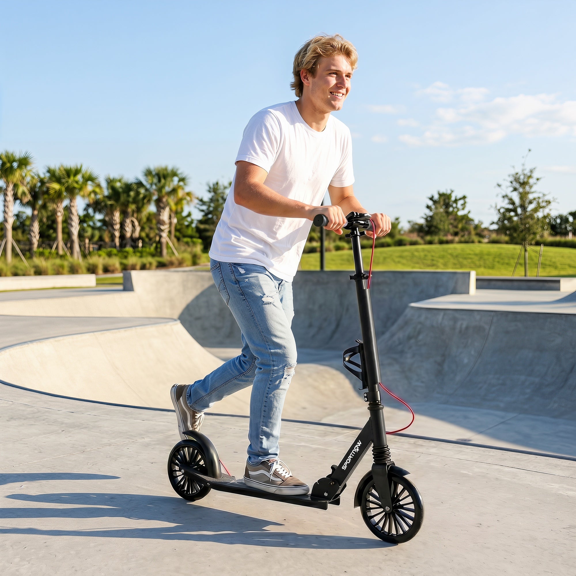 SPORTNOW Adjustable & Folding Aluminum City Scooter — 8" PU Wheels, ABEC-7 Bearings, Dual Brakes, Cup Holder — Up to 220 lb