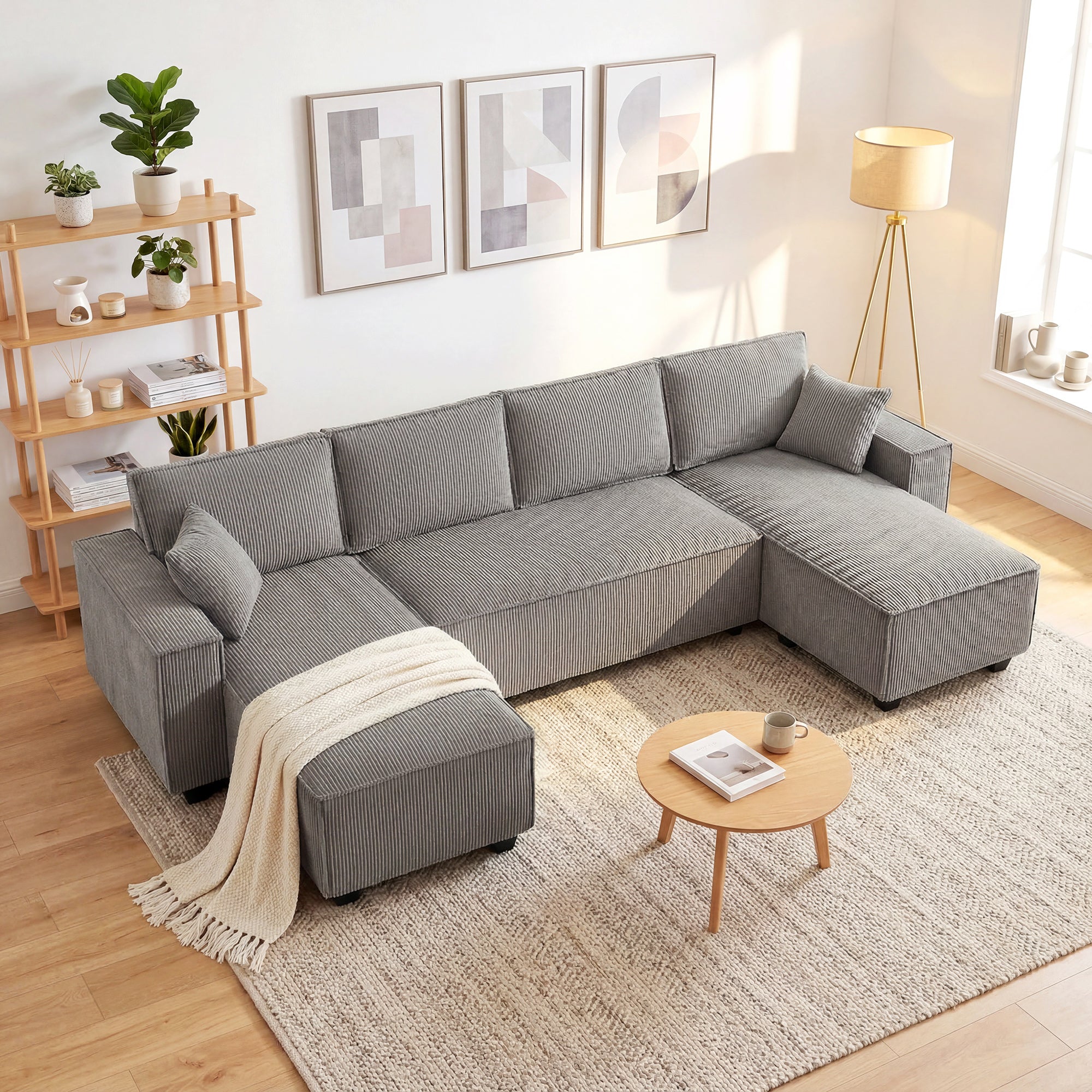 Corner Sectional 311 cm with Double Chaises, U-Shaped Corduroy Sofa with Wide Deep Seats, Pocket Spring Cushions, Wide Armrests, 4-Seater Living Room Sofa, Light Gray