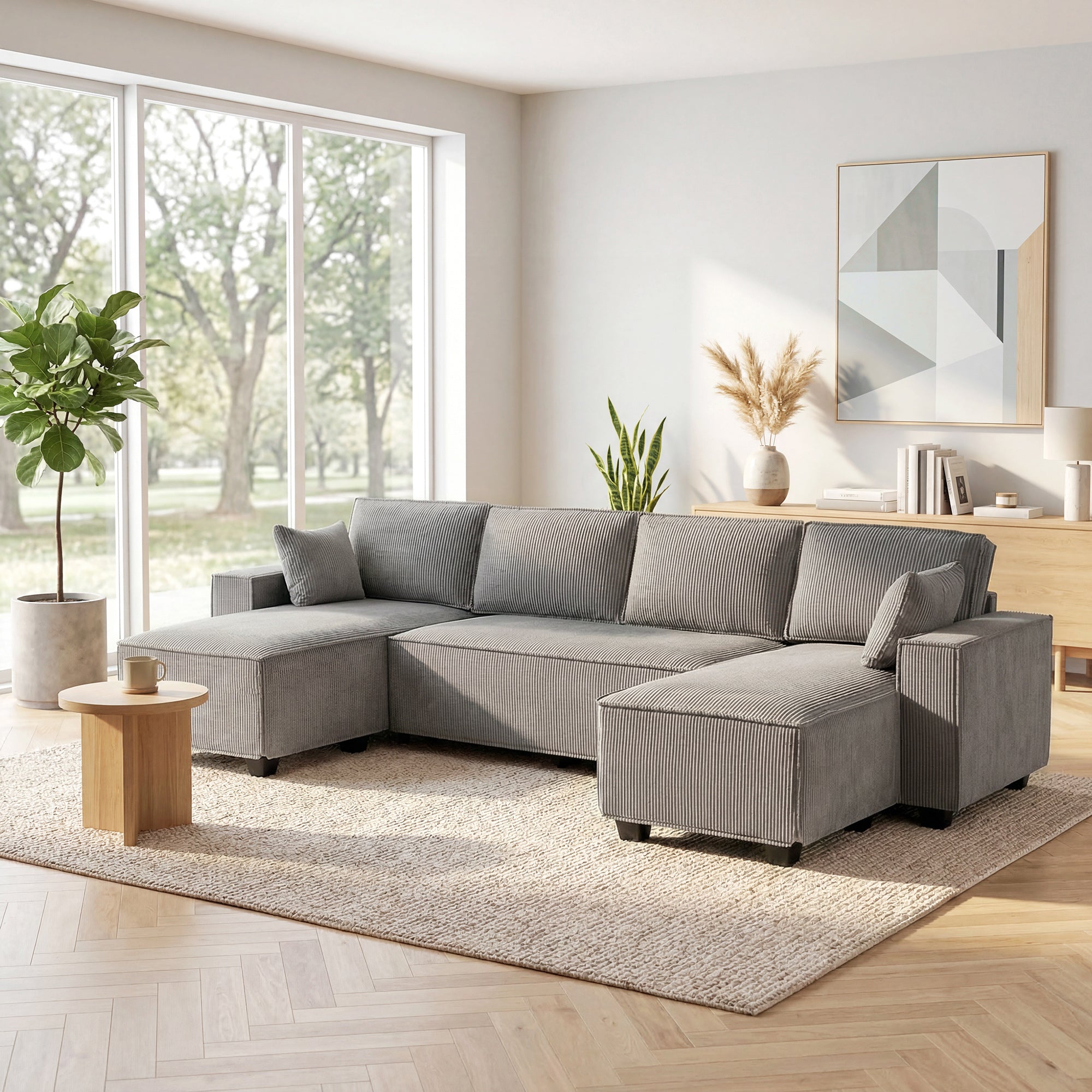 Corner Sectional 311 cm with Double Chaises, U-Shaped Corduroy Sofa with Wide Deep Seats, Pocket Spring Cushions, Wide Armrests, 4-Seater Living Room Sofa, Light Gray