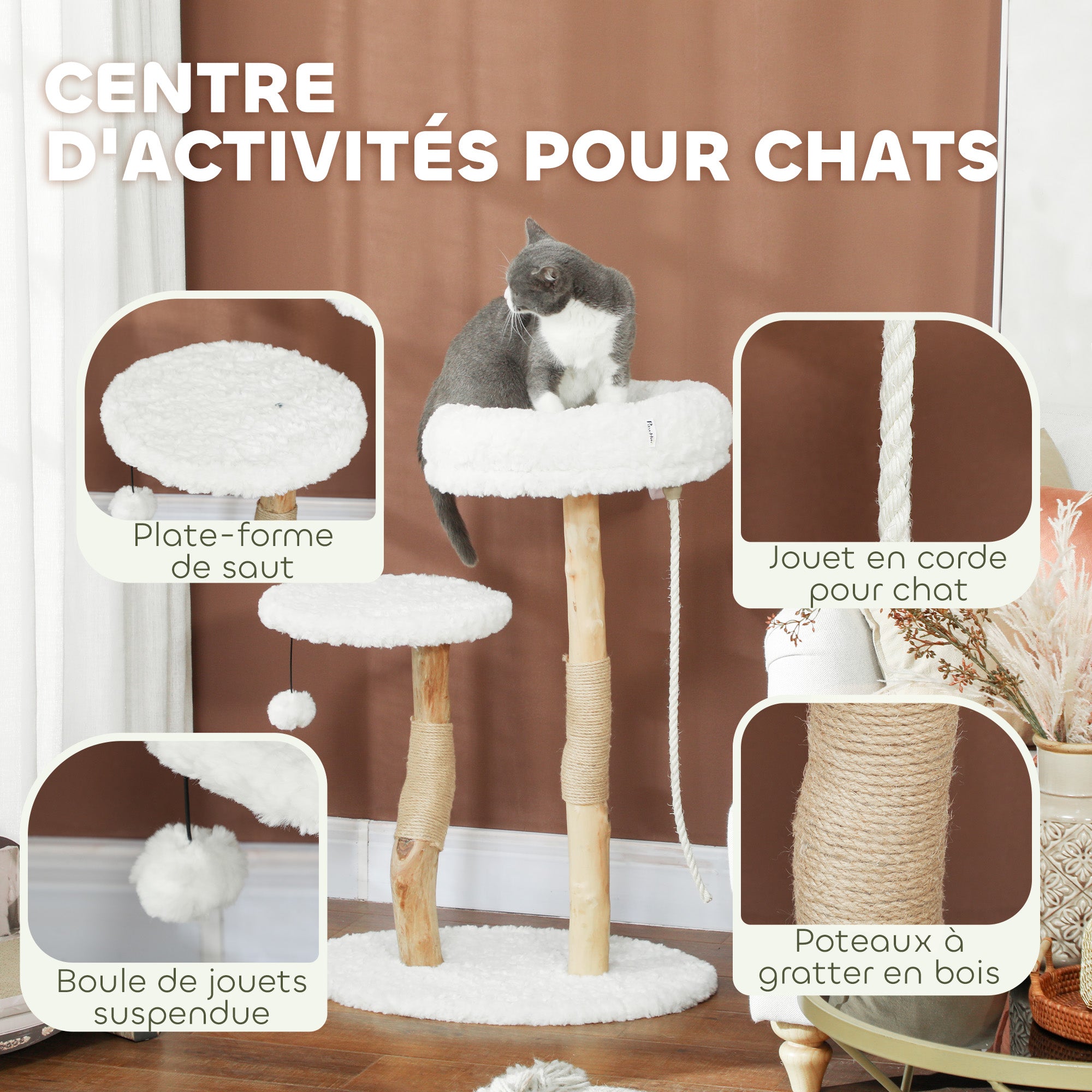 Cat Tree, 85 cm, Climbing Tree with Bed, Scratching Posts, Jump Platform, Ball and Play Rope, for Indoor, White