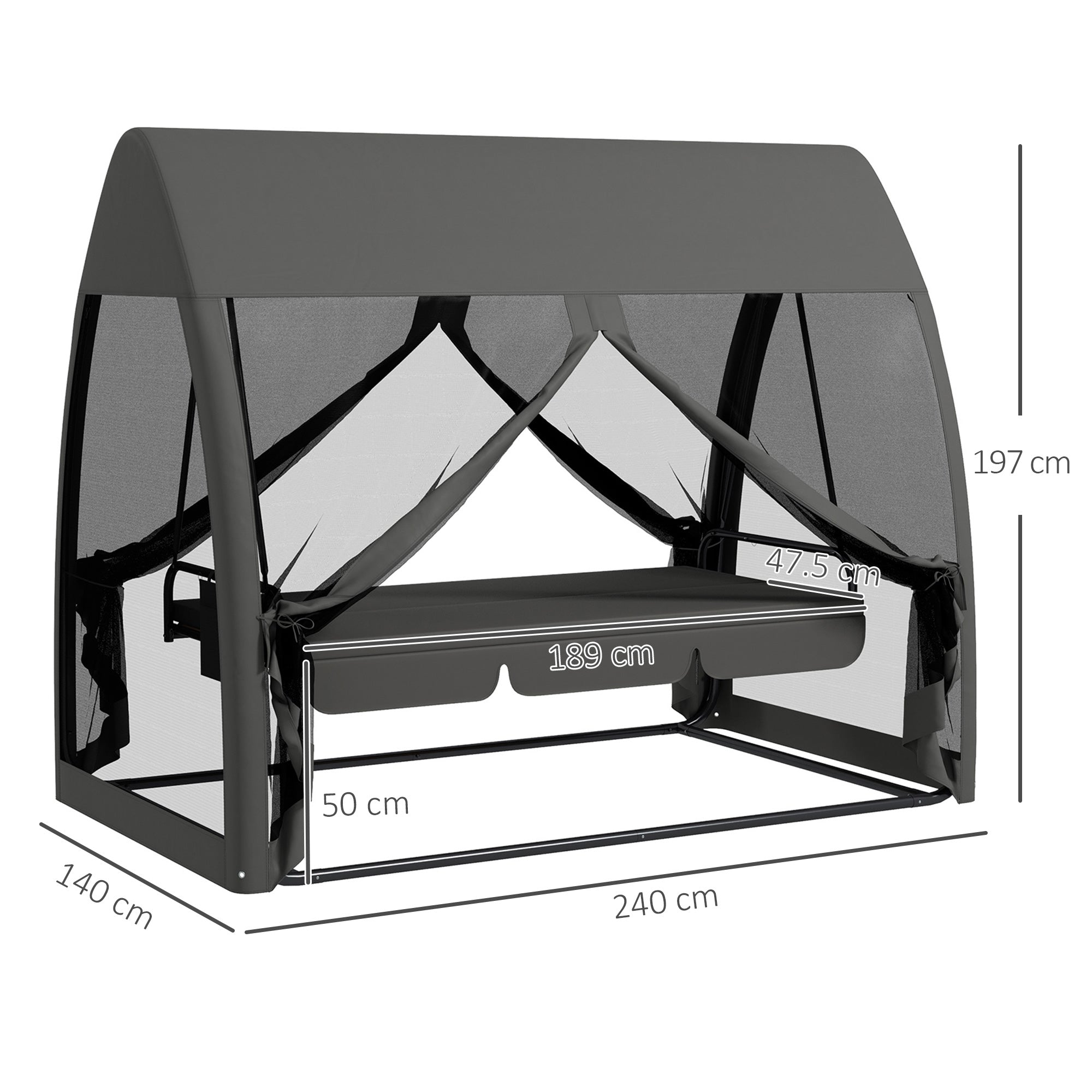 2-in-1 Hollywood Swing Lounger with Lying Function 3-Seater Garden Swing with Canopy, Mosquito Net, Swing Bench Supports up to 300kg, Lounger for Garden, Terrace, 240 x 140 x 197 cm, Gray
