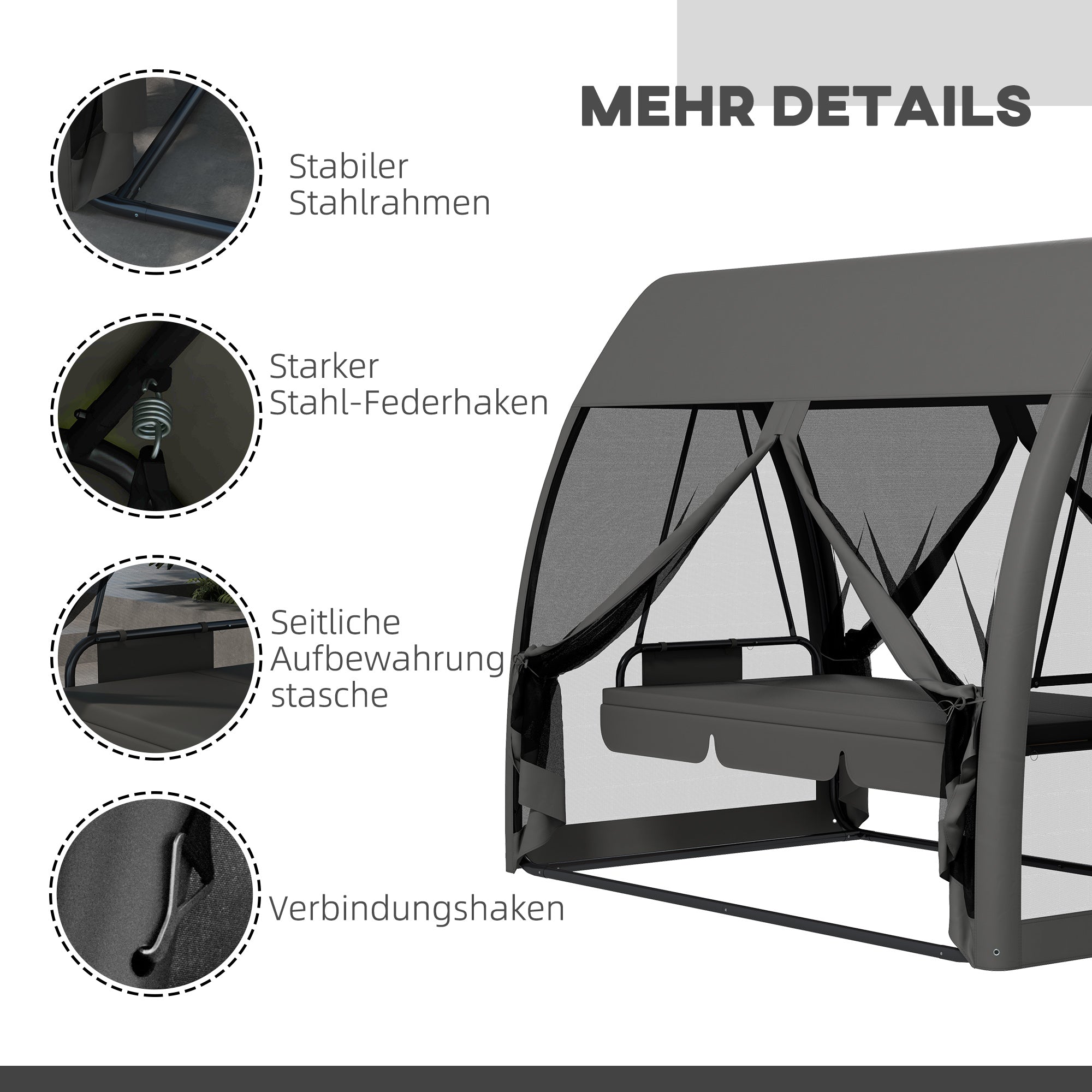 2-in-1 Hollywood Swing Lounger with Lying Function 3-Seater Garden Swing with Canopy, Mosquito Net, Swing Bench Supports up to 300kg, Lounger for Garden, Terrace, 240 x 140 x 197 cm, Gray