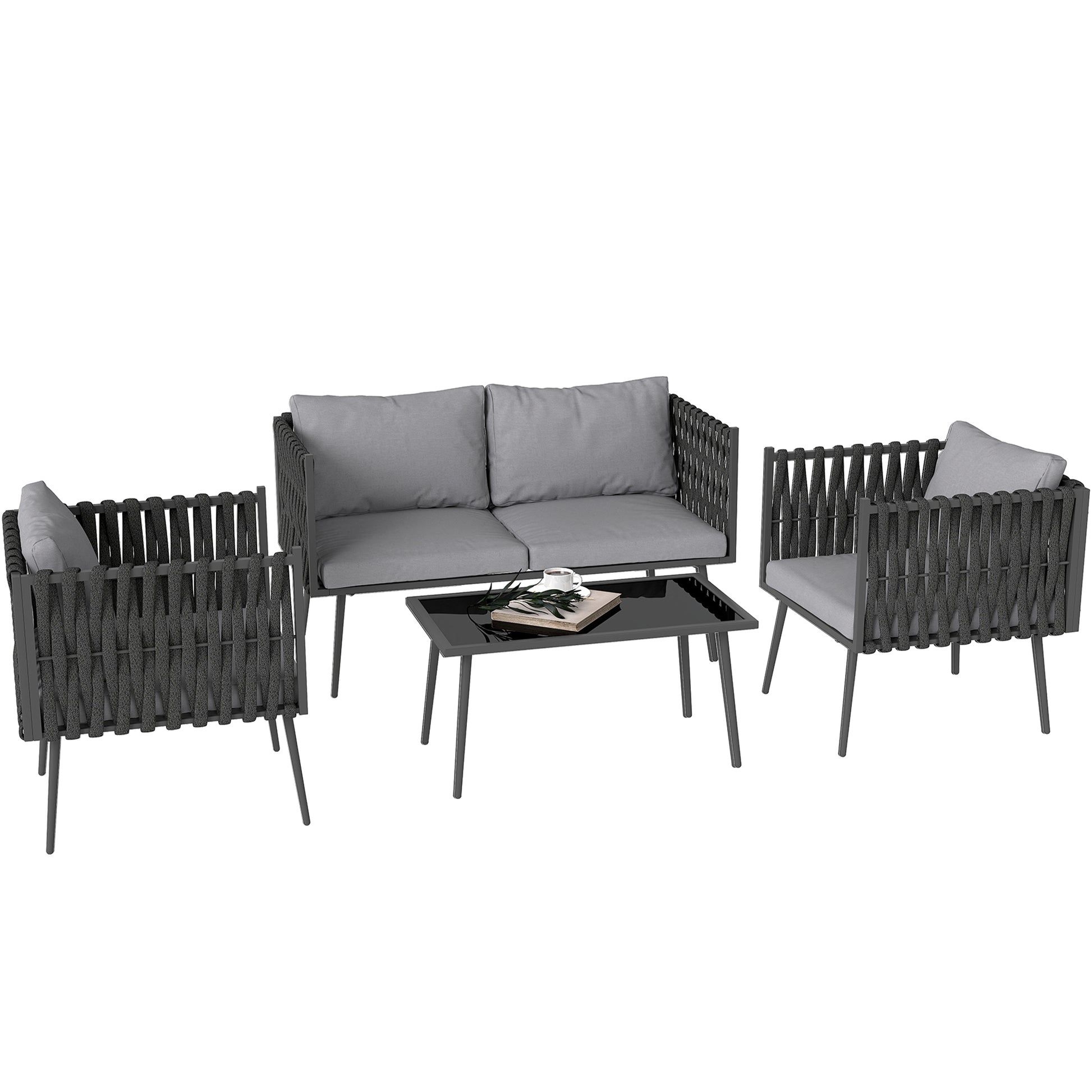 Garden Furniture Set 4 Persons Weatherproof Balcony Furniture Set with 2-Seater Sofa, Chair Glass Table Seat Cushions Outdoor Seating Group Garden Furniture Garden Lounge for Garden Balcony Light Gray