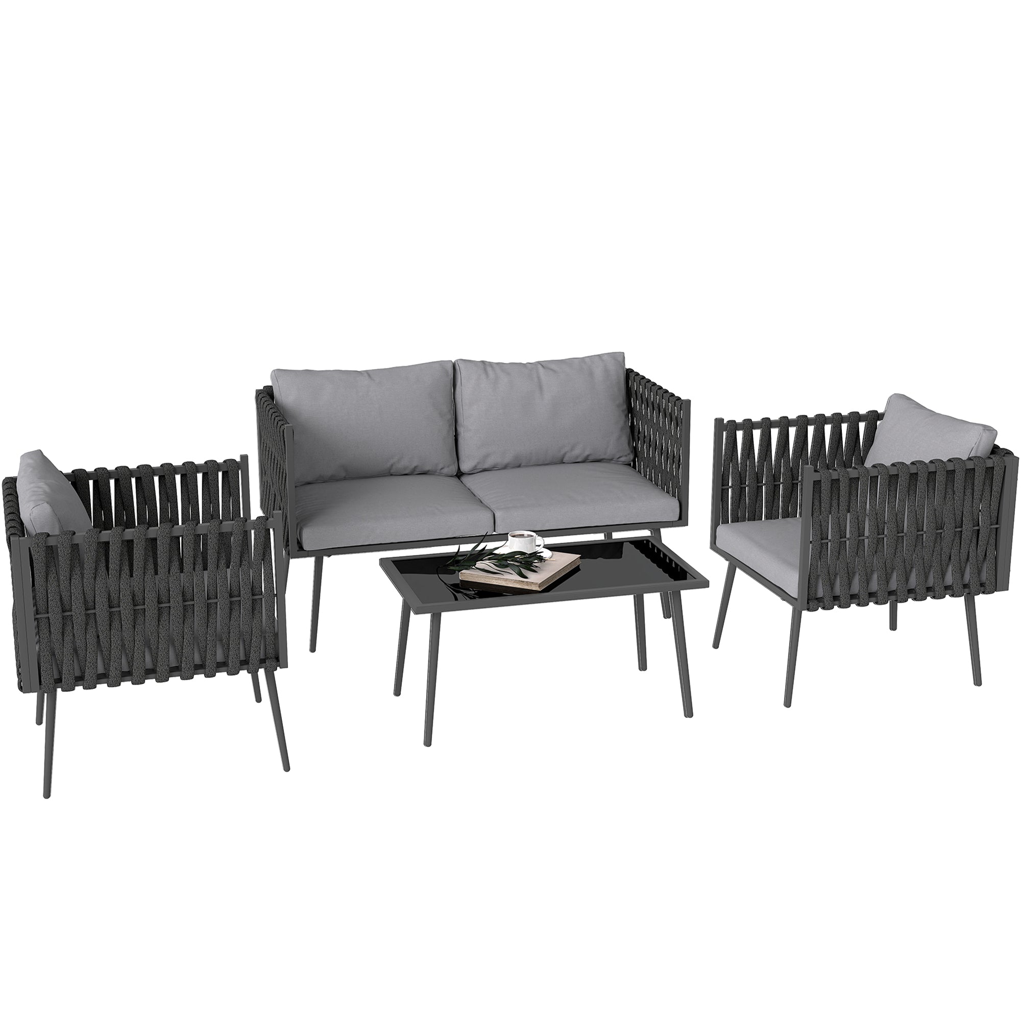 Garden Furniture Set 4 Persons Weatherproof Balcony Furniture Set with 2-Seater Sofa, Chair Glass Table Seat Cushions Outdoor Seating Group Garden Furniture Garden Lounge for Garden Balcony Light Gray