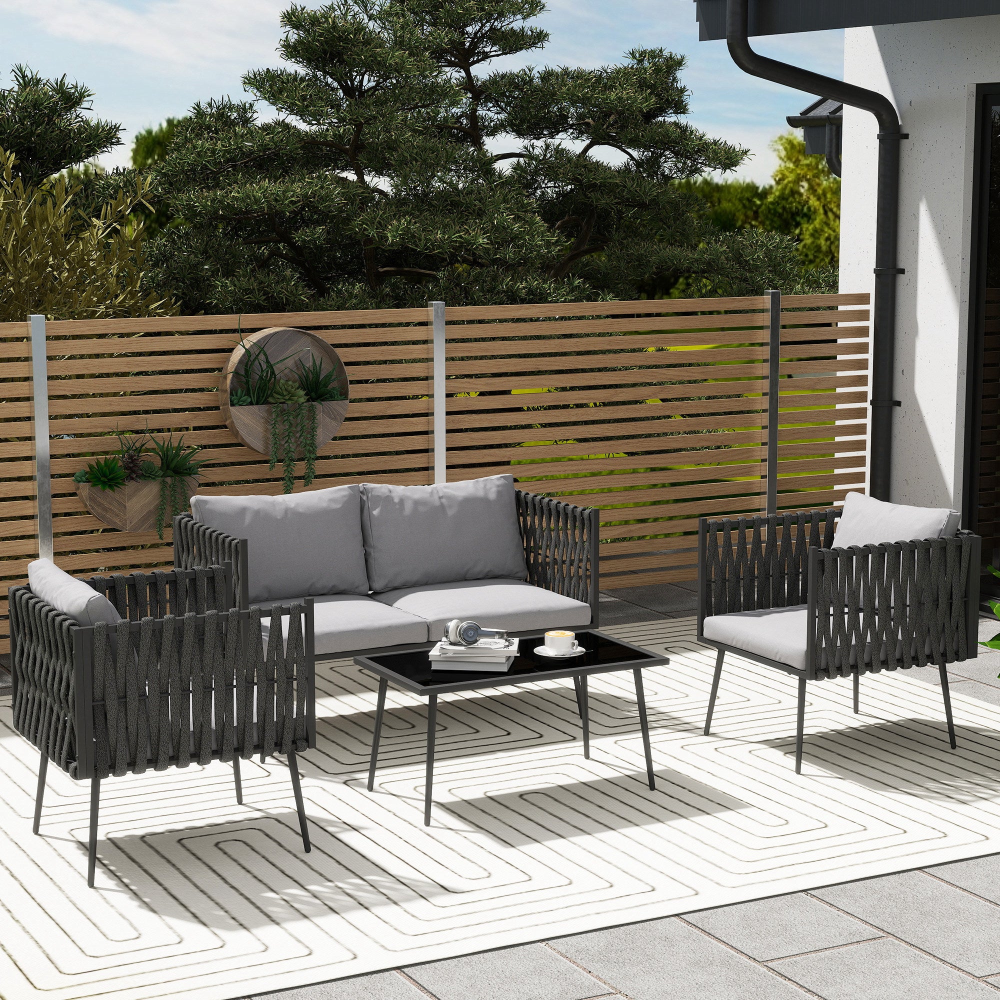 Garden Furniture Set 4 Persons Weatherproof Balcony Furniture Set with 2-Seater Sofa, Chair Glass Table Seat Cushions Outdoor Seating Group Garden Furniture Garden Lounge for Garden Balcony Light Gray