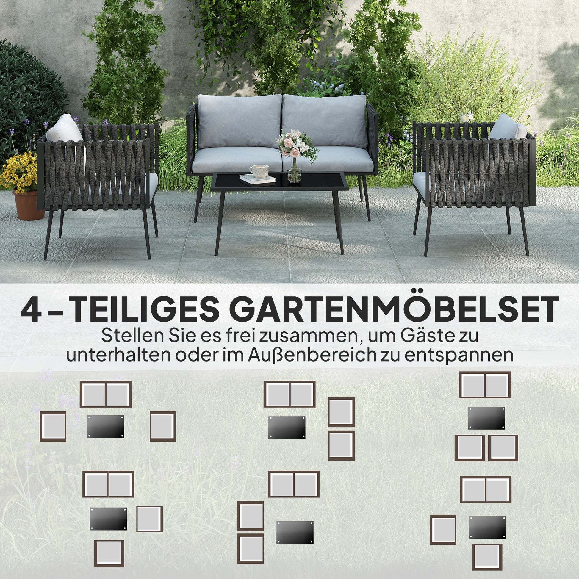 Garden Furniture Set 4 Persons Weatherproof Balcony Furniture Set with 2-Seater Sofa, Chair Glass Table Seat Cushions Outdoor Seating Group Garden Furniture Garden Lounge for Garden Balcony Light Gray