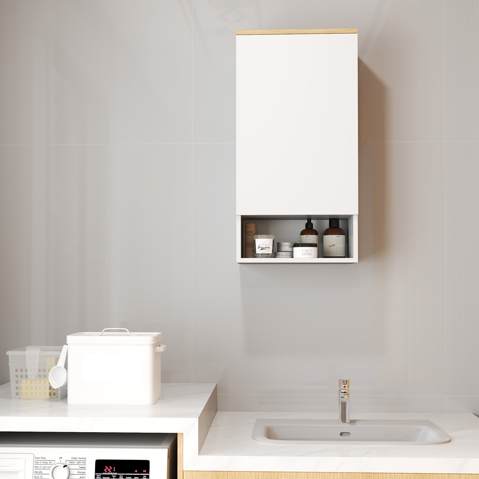 Wall Mounted Bathroom Cabinet with Adjustable Shelves and Door, Bathroom Storage Cabinet with Open Shelf in Wood and MDF, 40x27x77 cm, White