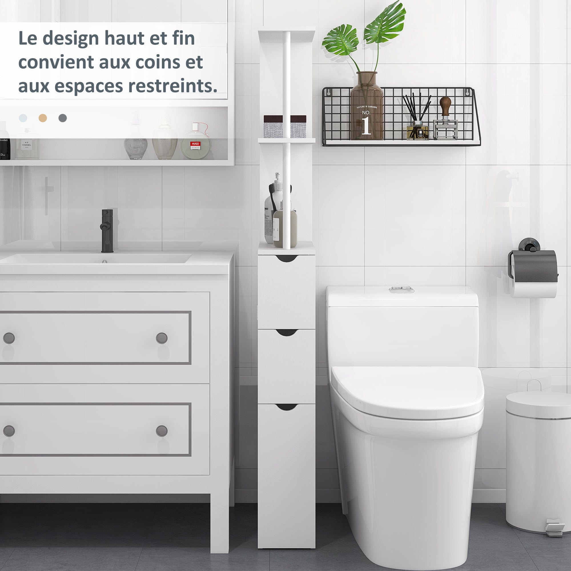 Bathroom Column Cabinet, Bathroom Cabinet, with Drawers, Open Shelves, Cupboard, 15 x 33 x 136.5 cm, White