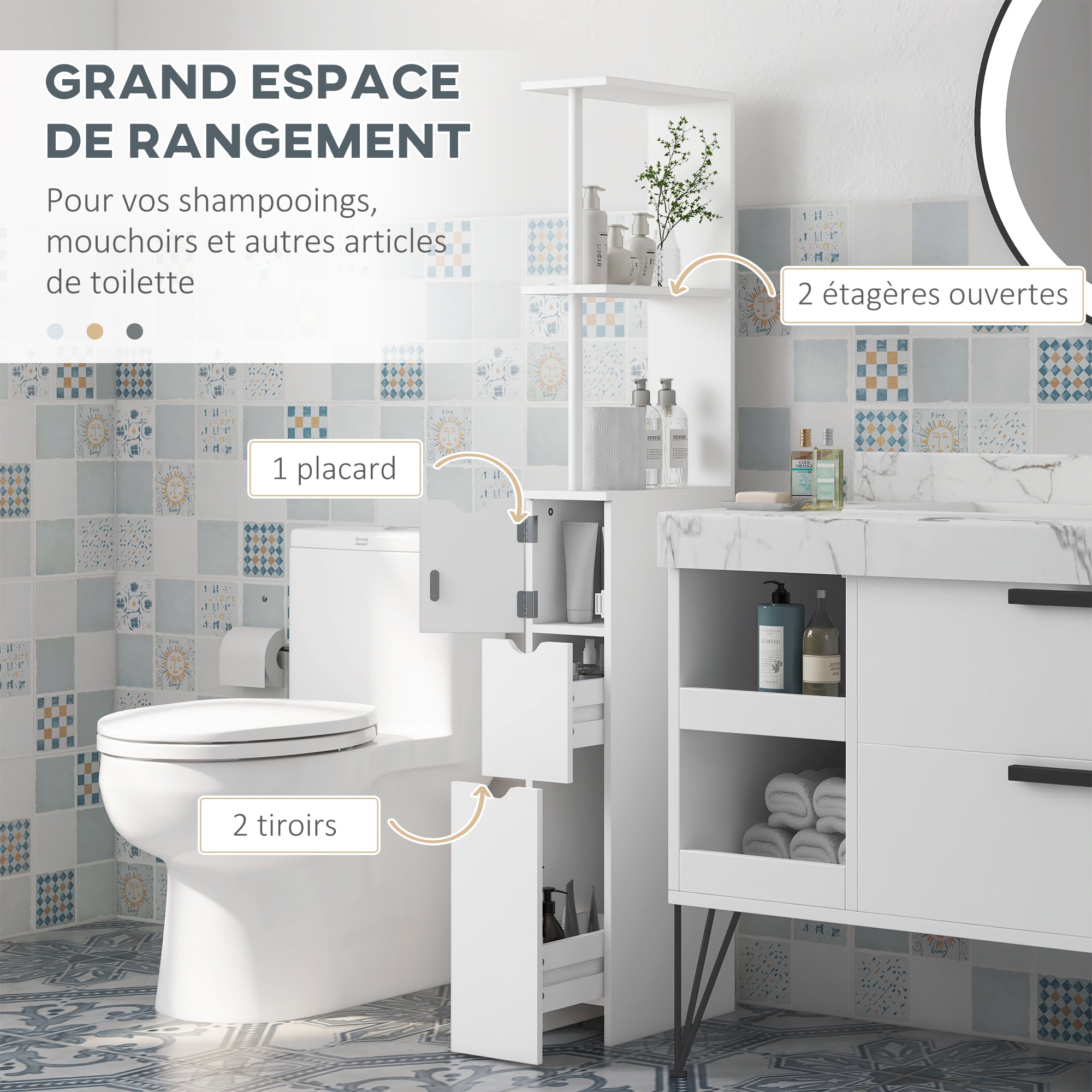 Bathroom Column Cabinet, Bathroom Cabinet, with Drawers, Open Shelves, Cupboard, 15 x 33 x 136.5 cm, White