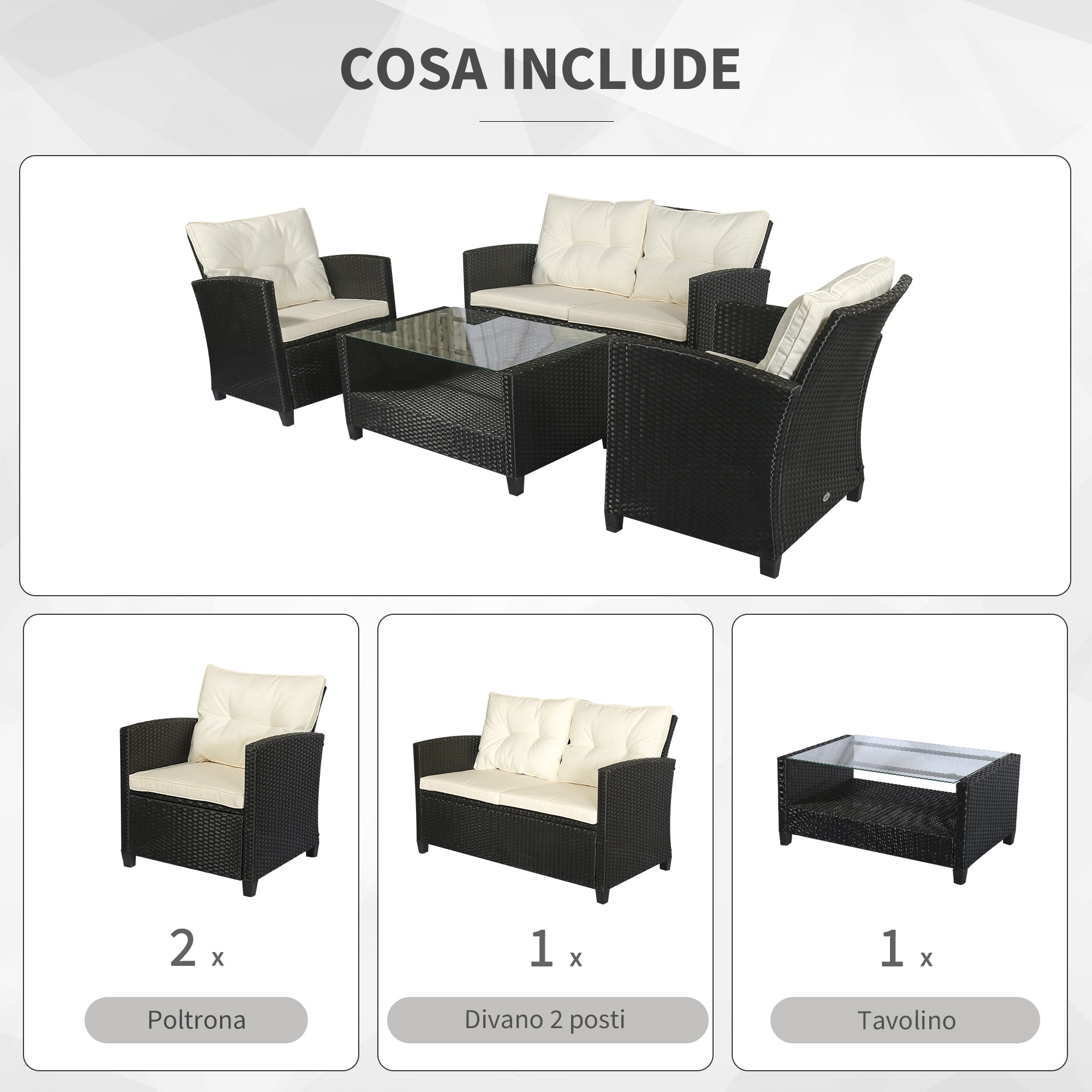 4-Piece Rattan PE Garden Furniture Set with Coffee Table, Black and Beige Upholstered Sofa and Armchairs 124x68x76cm