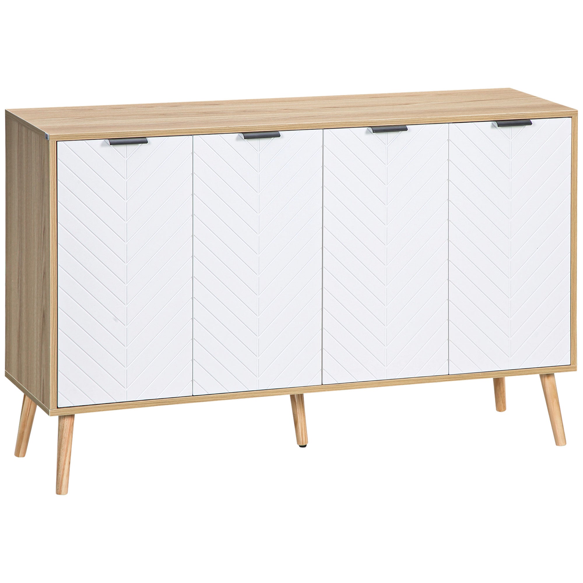 Kitchen Sideboard Kitchen Furniture with 4 Herringbone Pattern Doors Wood Legs and Adjustable Shelves Buffet Cabinet for Dining Room Living Room 120x35x77.4 cm White and Natural