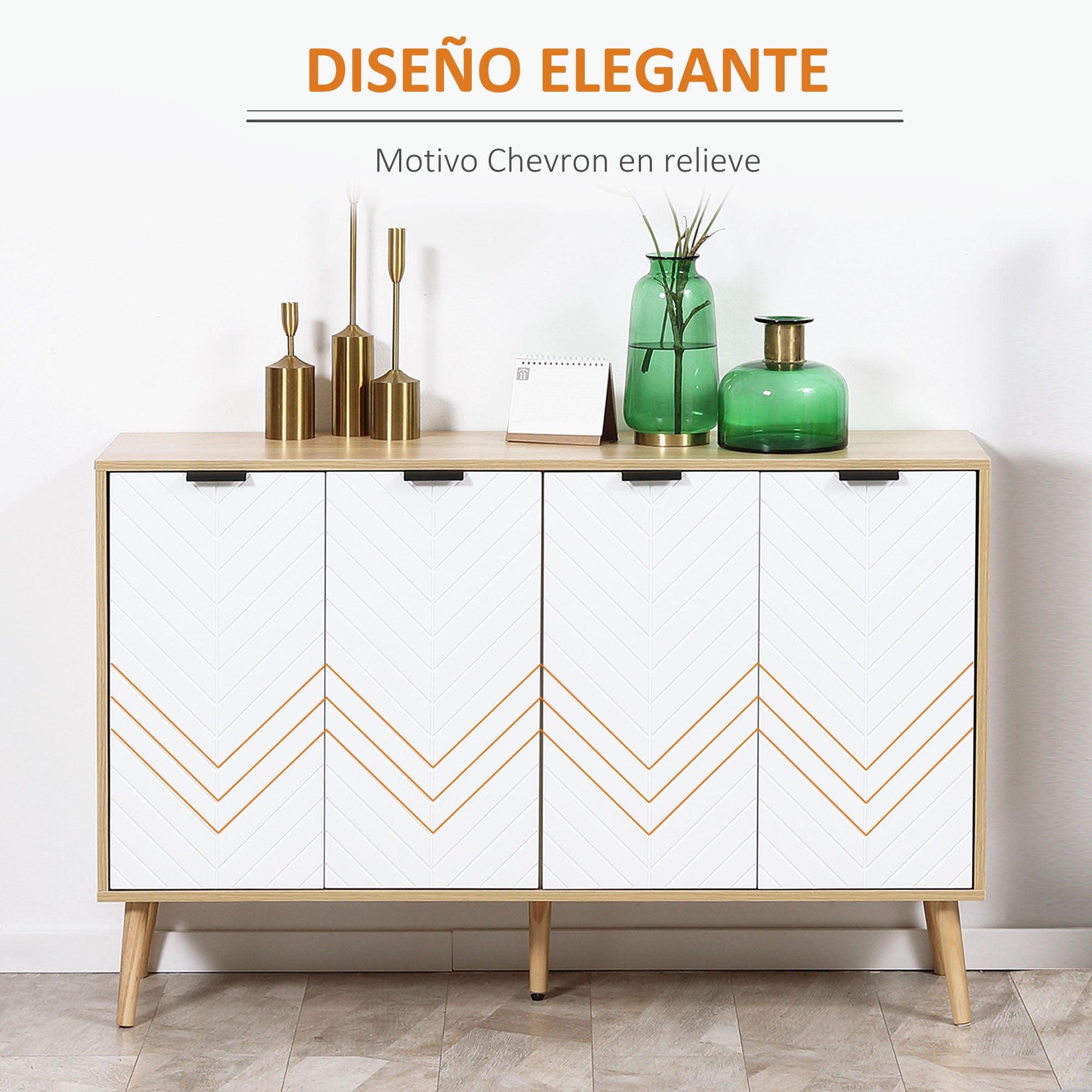 Kitchen Sideboard Kitchen Furniture with 4 Herringbone Pattern Doors Wood Legs and Adjustable Shelves Buffet Cabinet for Dining Room Living Room 120x35x77.4 cm White and Natural