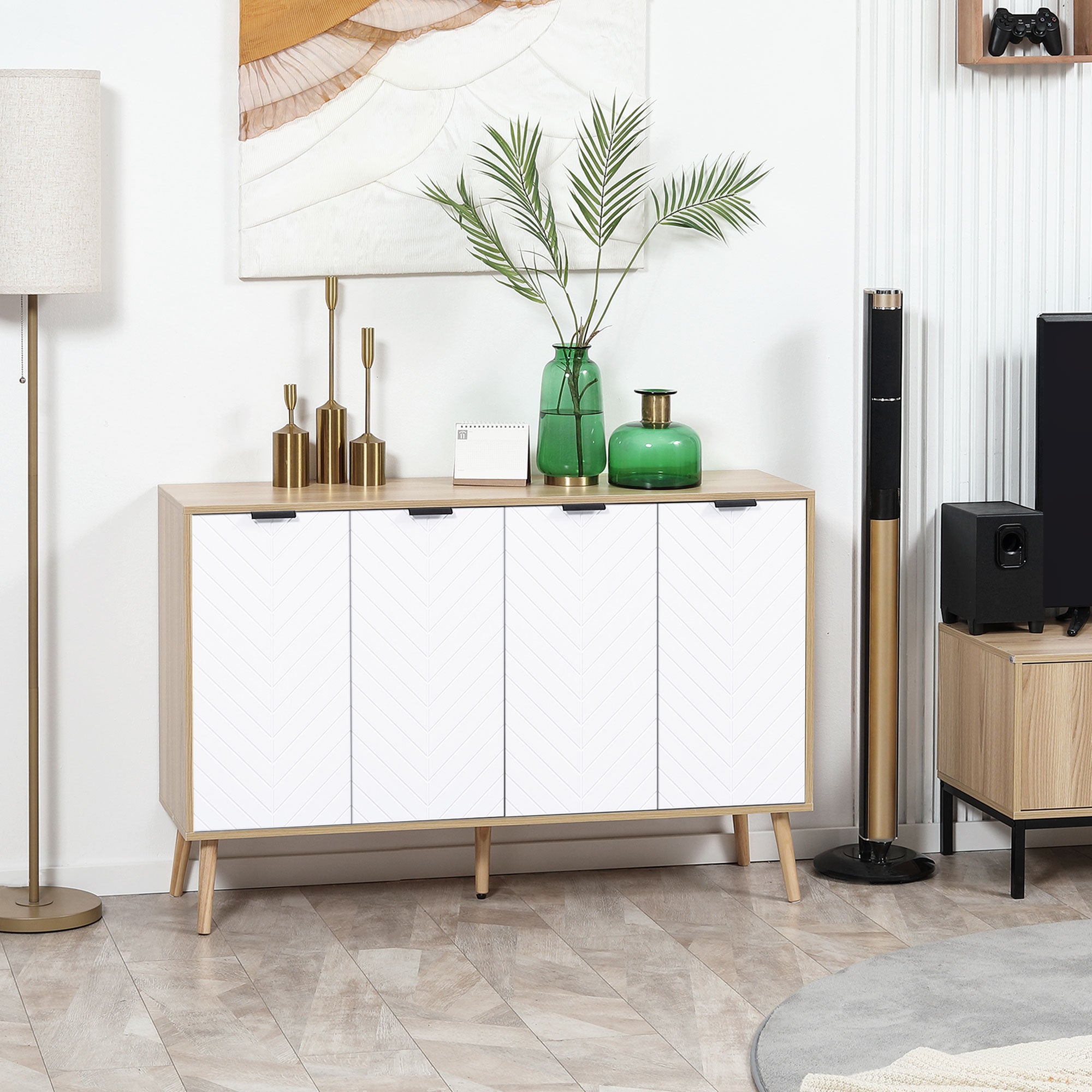 Kitchen Sideboard Kitchen Furniture with 4 Herringbone Pattern Doors Wood Legs and Adjustable Shelves Buffet Cabinet for Dining Room Living Room 120x35x77.4 cm White and Natural