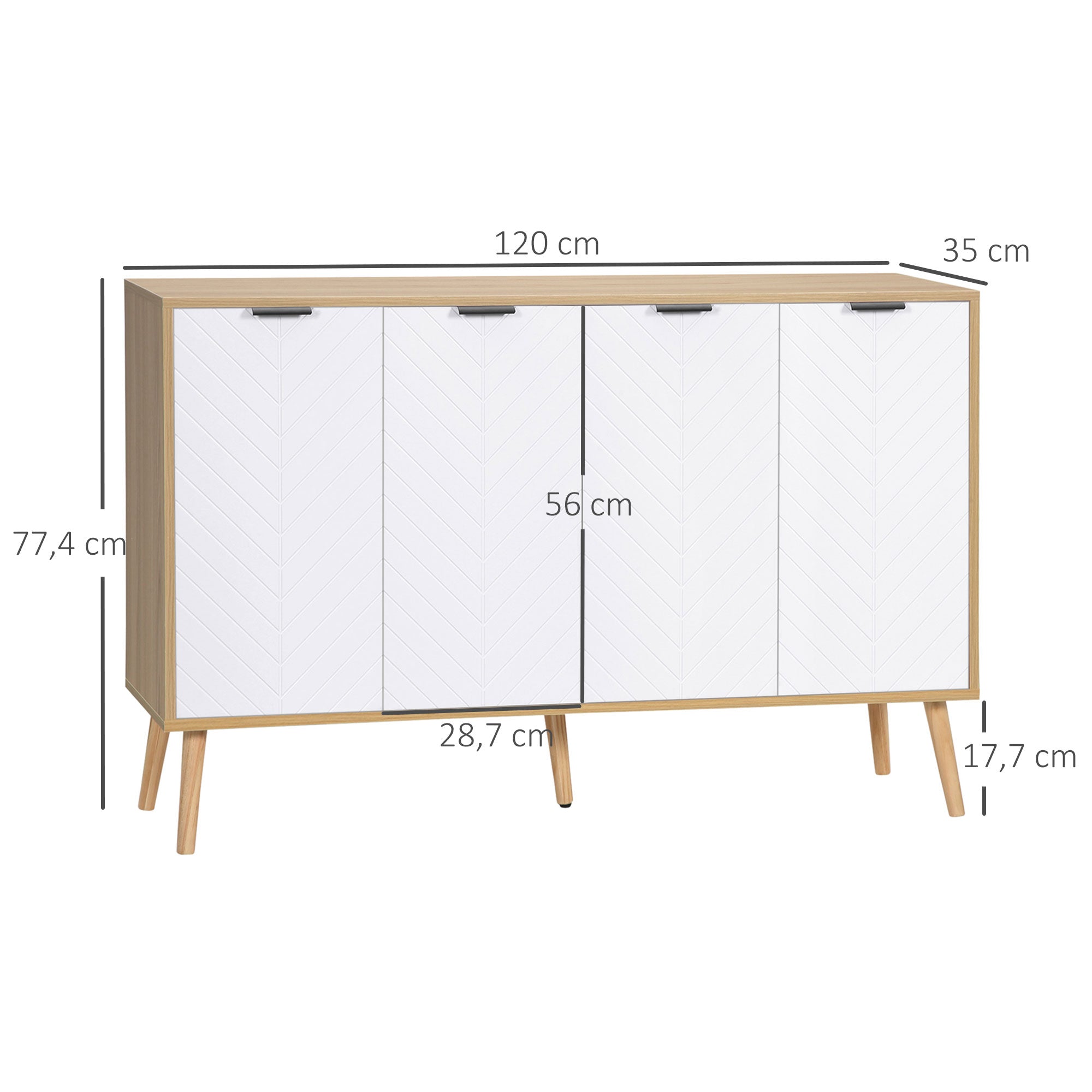 Kitchen Sideboard Kitchen Furniture with 4 Herringbone Pattern Doors Wood Legs and Adjustable Shelves Buffet Cabinet for Dining Room Living Room 120x35x77.4 cm White and Natural