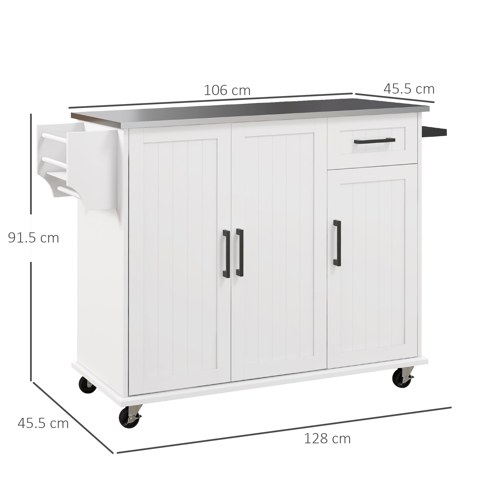 Kitchen Island with Drawer, 2 Door Cabinet, 2 Open Shelves and Towel Holder, MDF and Stainless Steel Storage Cart with 5 Wheels, 128x45.5x91.5 cm