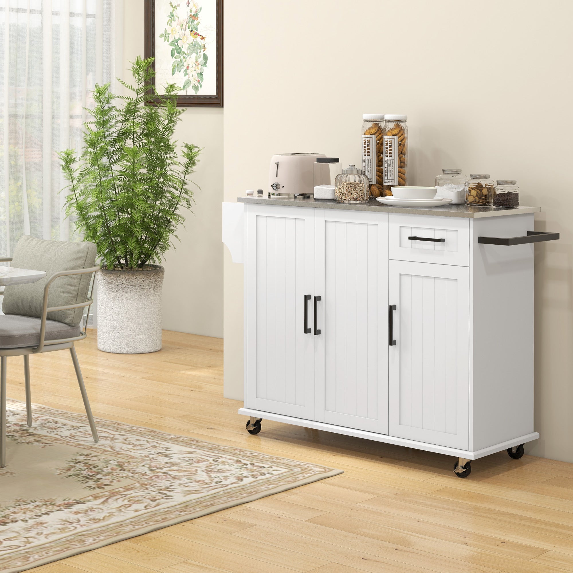 Kitchen Island with Drawer, 2 Door Cabinet, 2 Open Shelves and Towel Holder, MDF and Stainless Steel Storage Cart with 5 Wheels, 128x45.5x91.5 cm