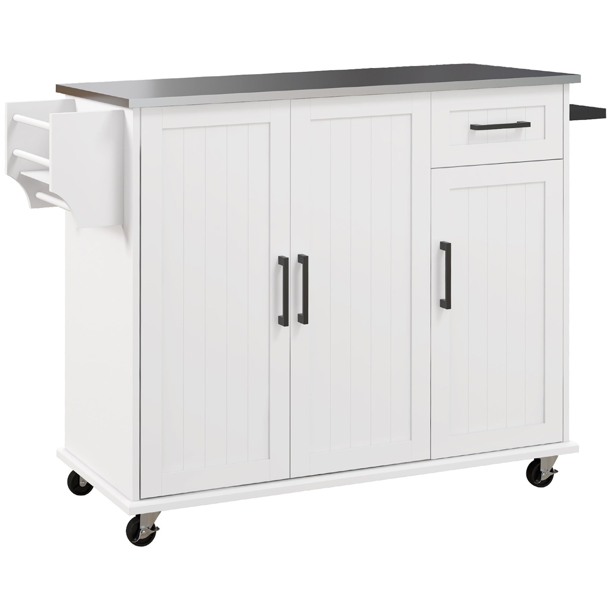 Kitchen Island with Drawer, 2 Door Cabinet, 2 Open Shelves and Towel Holder, MDF and Stainless Steel Storage Cart with 5 Wheels, 128x45.5x91.5 cm
