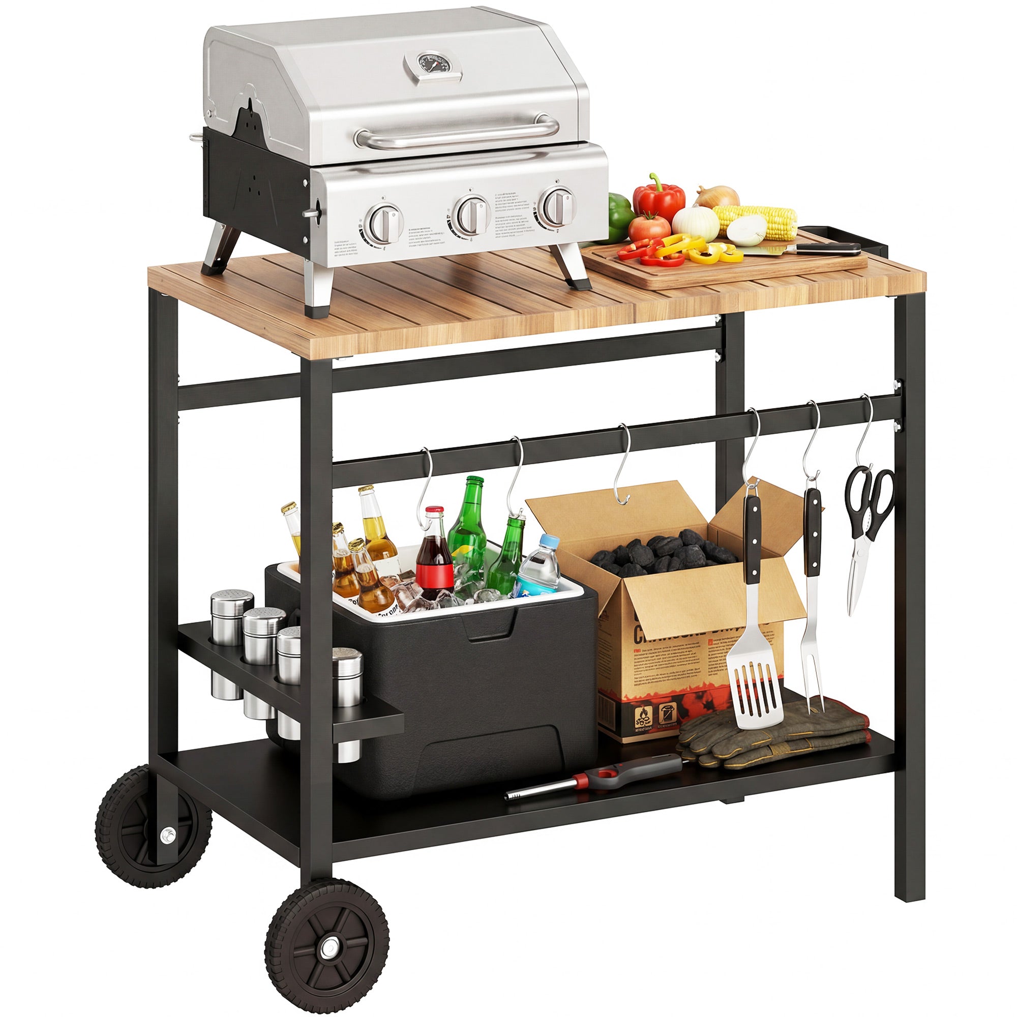 2-Tier Mobile BBQ Cart with Wood-Effect Top, Drink Holder, Hooks & Wheels — Black/Brown