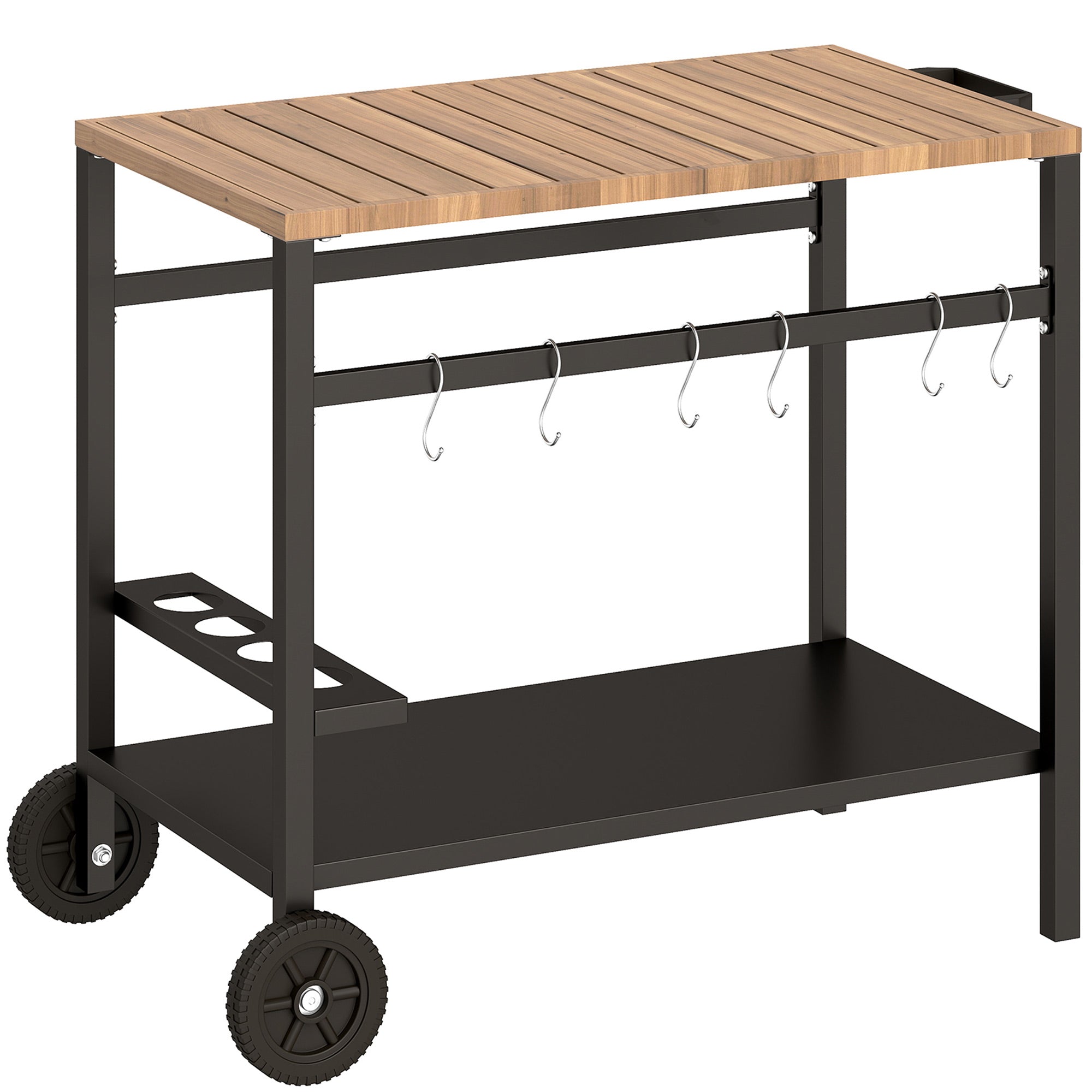 2-Tier Mobile BBQ Cart with Wood-Effect Top, Drink Holder, Hooks & Wheels — Black/Brown