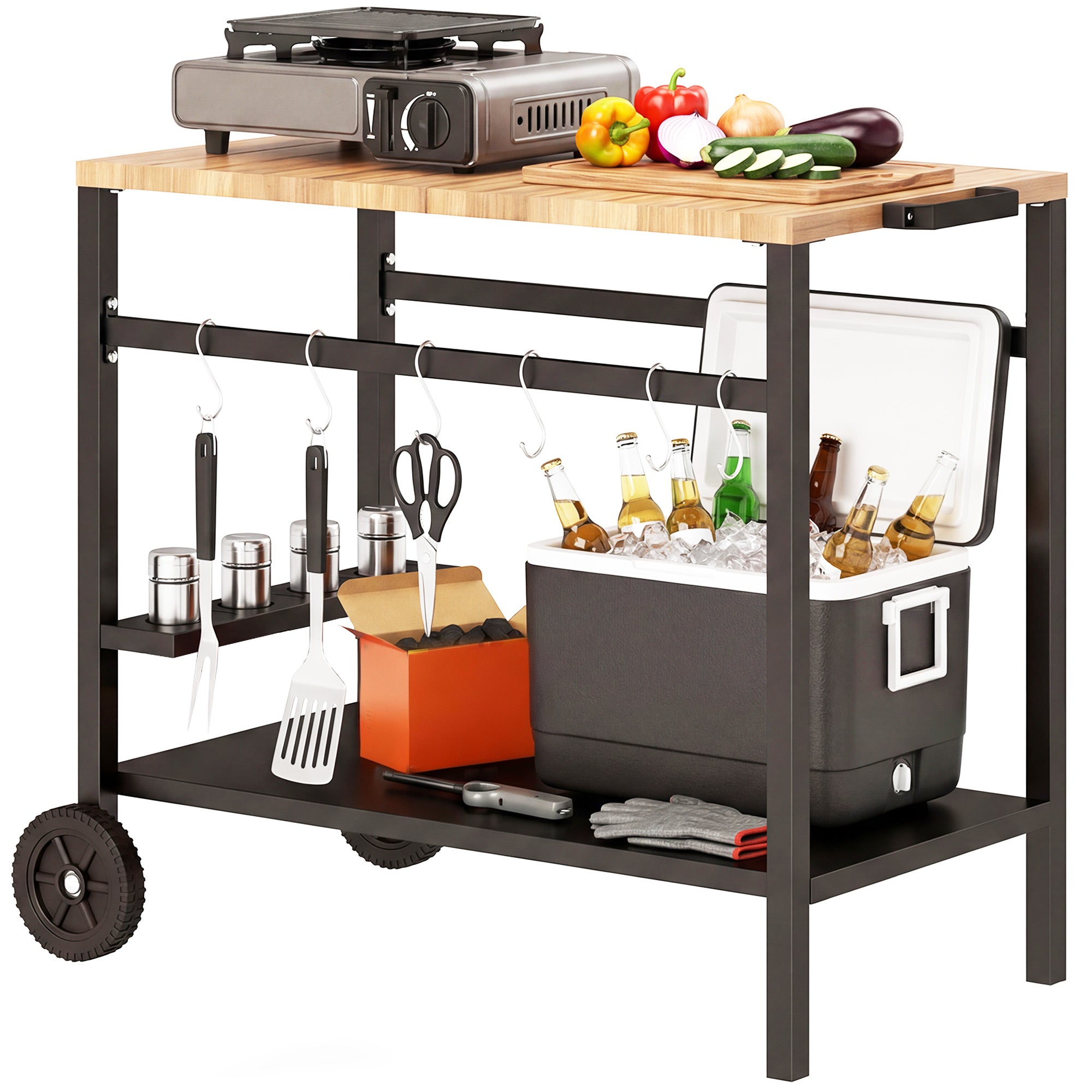 2-Tier Mobile BBQ Cart with Wood-Effect Top, Drink Holder, Hooks & Wheels — Black/Brown