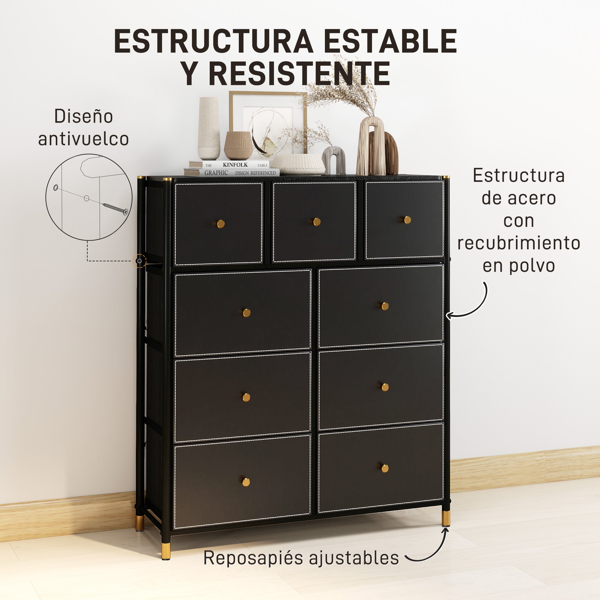 Fabric Chest of Drawers with 9 Foldable Drawers with PU Fronts and Steel Frame for Bedroom Living Room Black