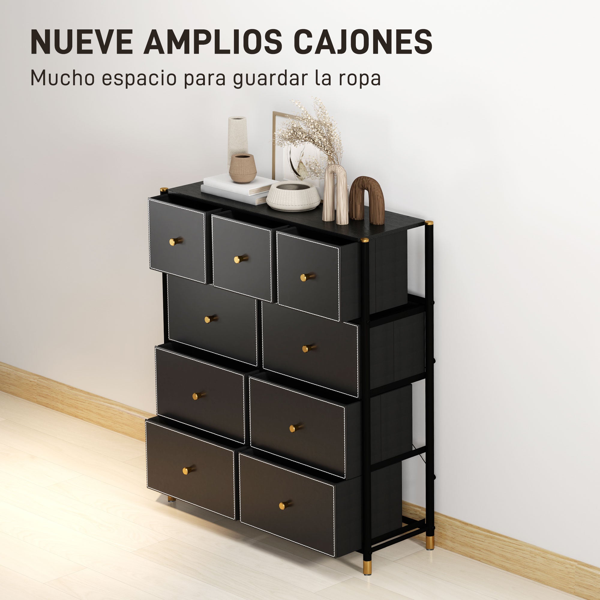 Fabric Chest of Drawers with 9 Foldable Drawers with PU Fronts and Steel Frame for Bedroom Living Room Black