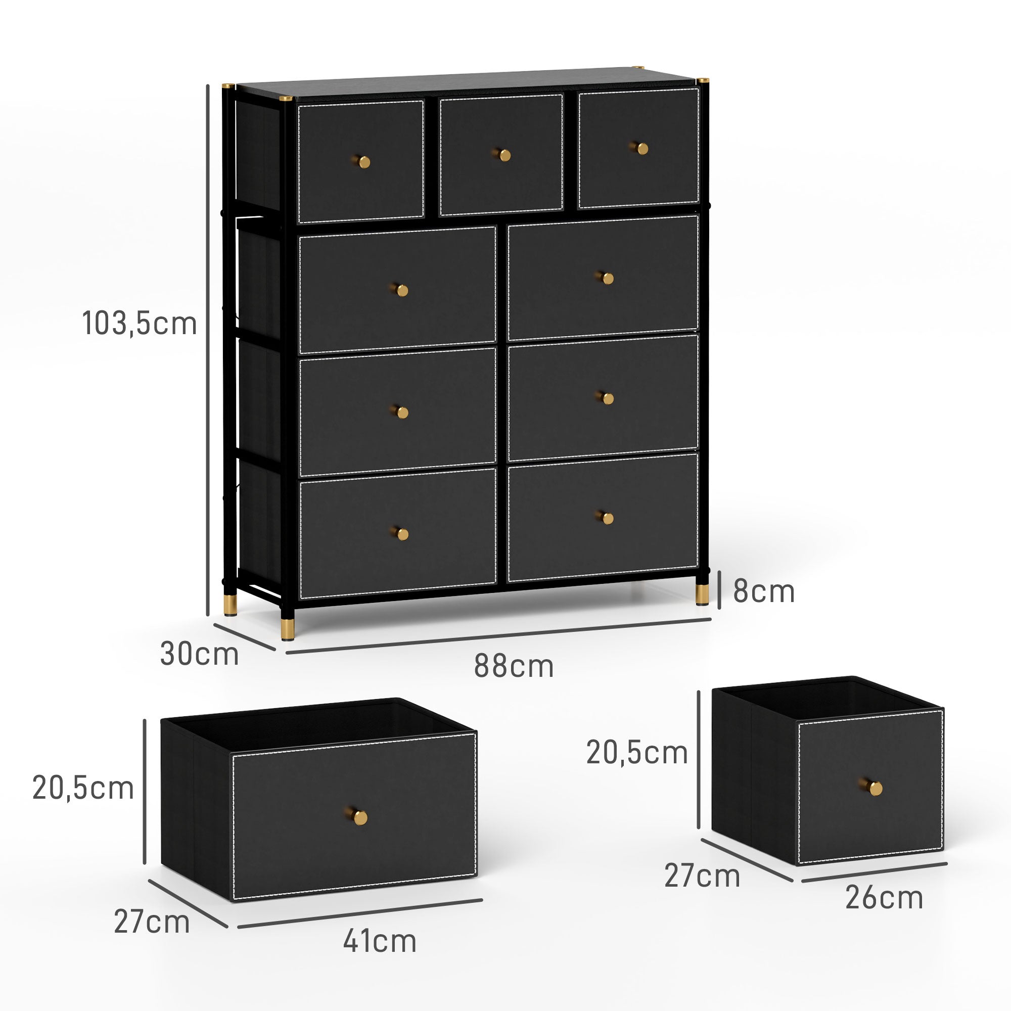 Fabric Chest of Drawers with 9 Foldable Drawers with PU Fronts and Steel Frame for Bedroom Living Room Black