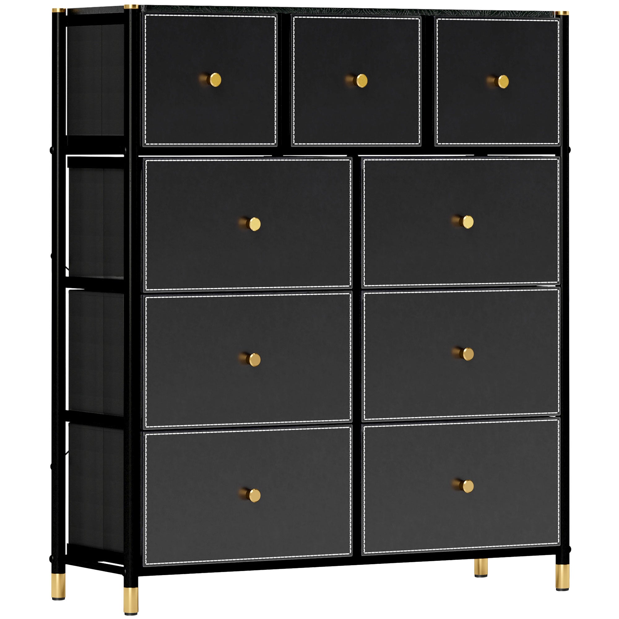 Fabric Chest of Drawers with 9 Foldable Drawers with PU Fronts and Steel Frame for Bedroom Living Room Black