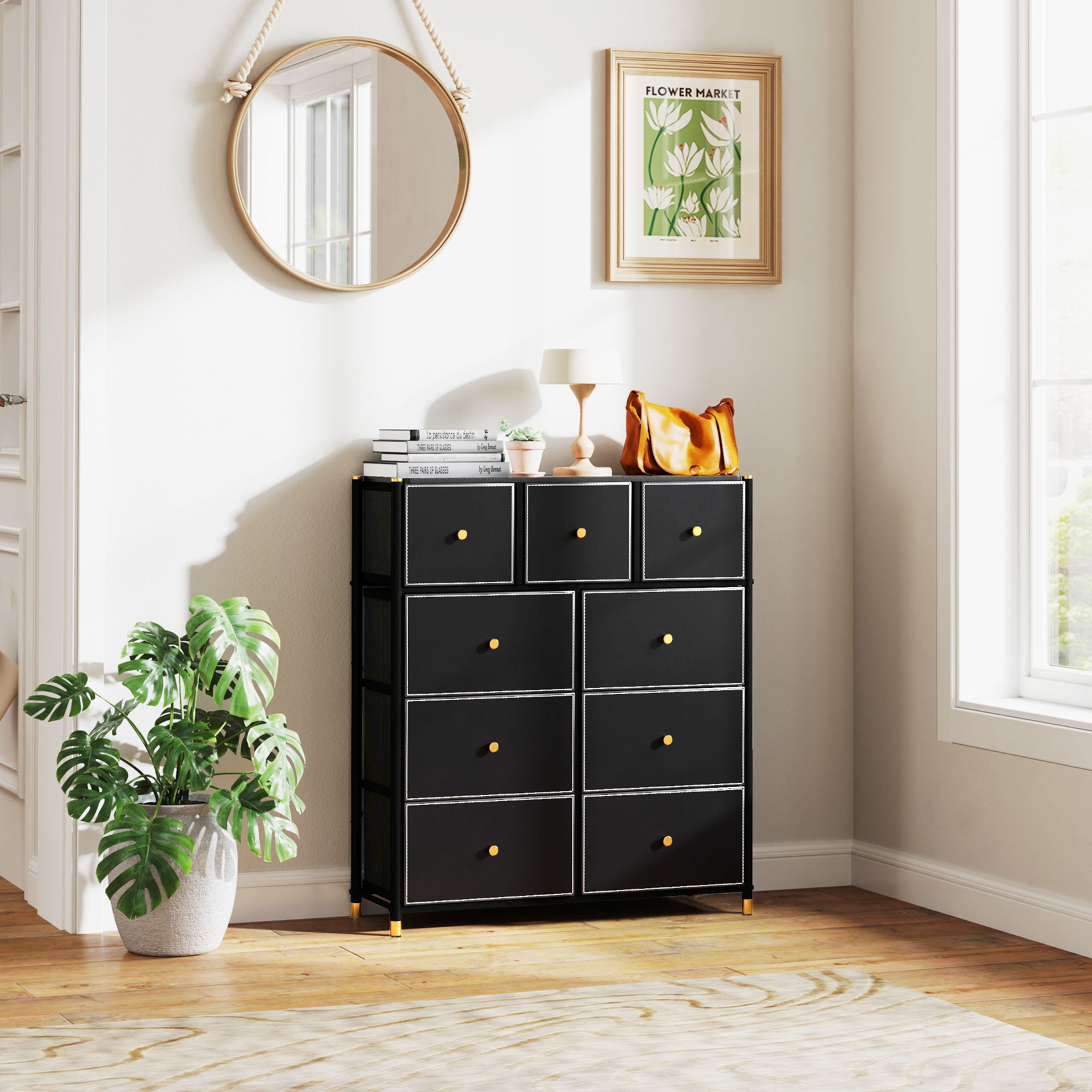 Fabric Chest of Drawers with 9 Foldable Drawers with PU Fronts and Steel Frame for Bedroom Living Room Black