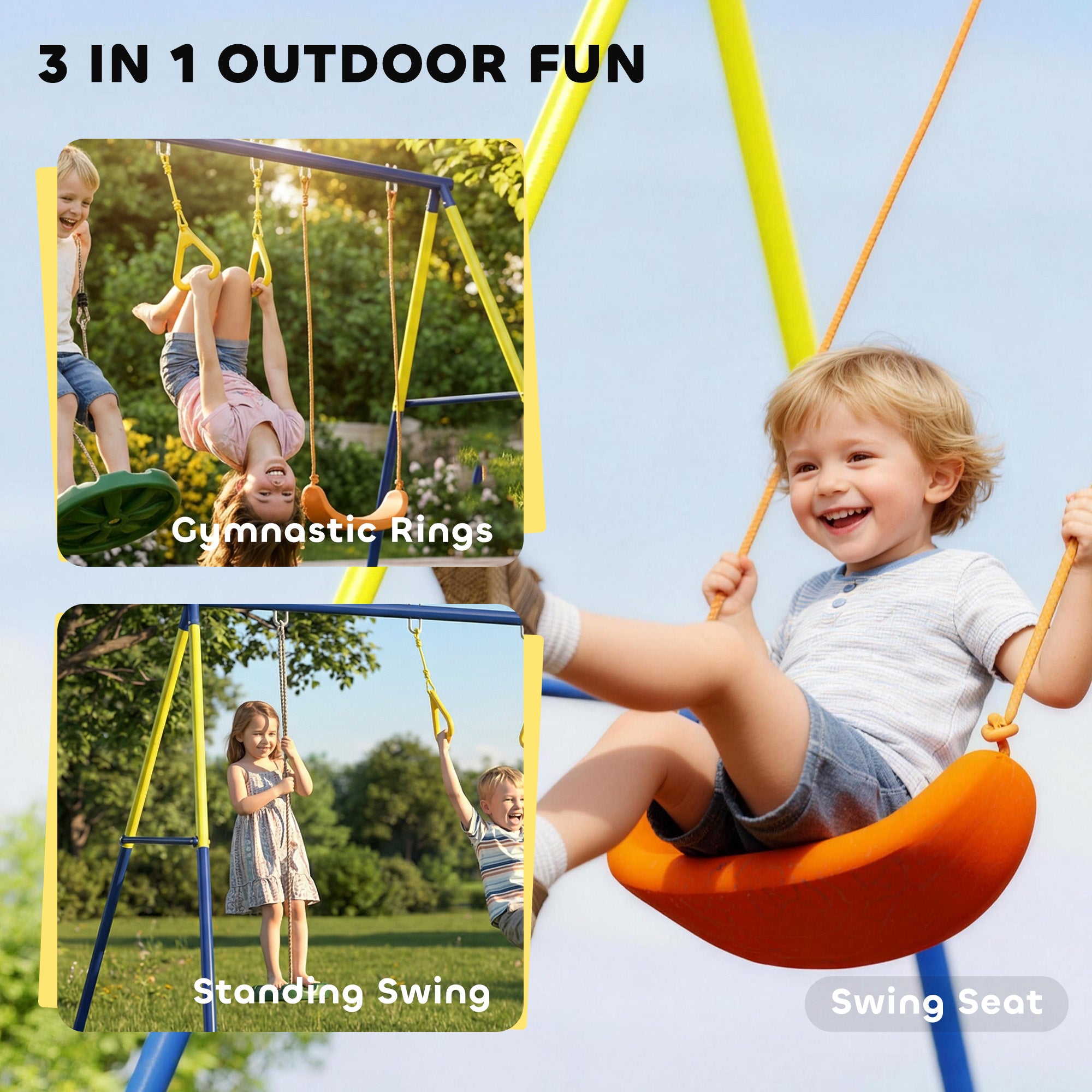 3-in-1 Kids Garden Swing Set with Standing Swing & Gym Rings, A-Frame Steel, Double Swings, 331 lb Capacity, Outdoor, Ages 3-8, 112.2 x 63 x 71.3 in