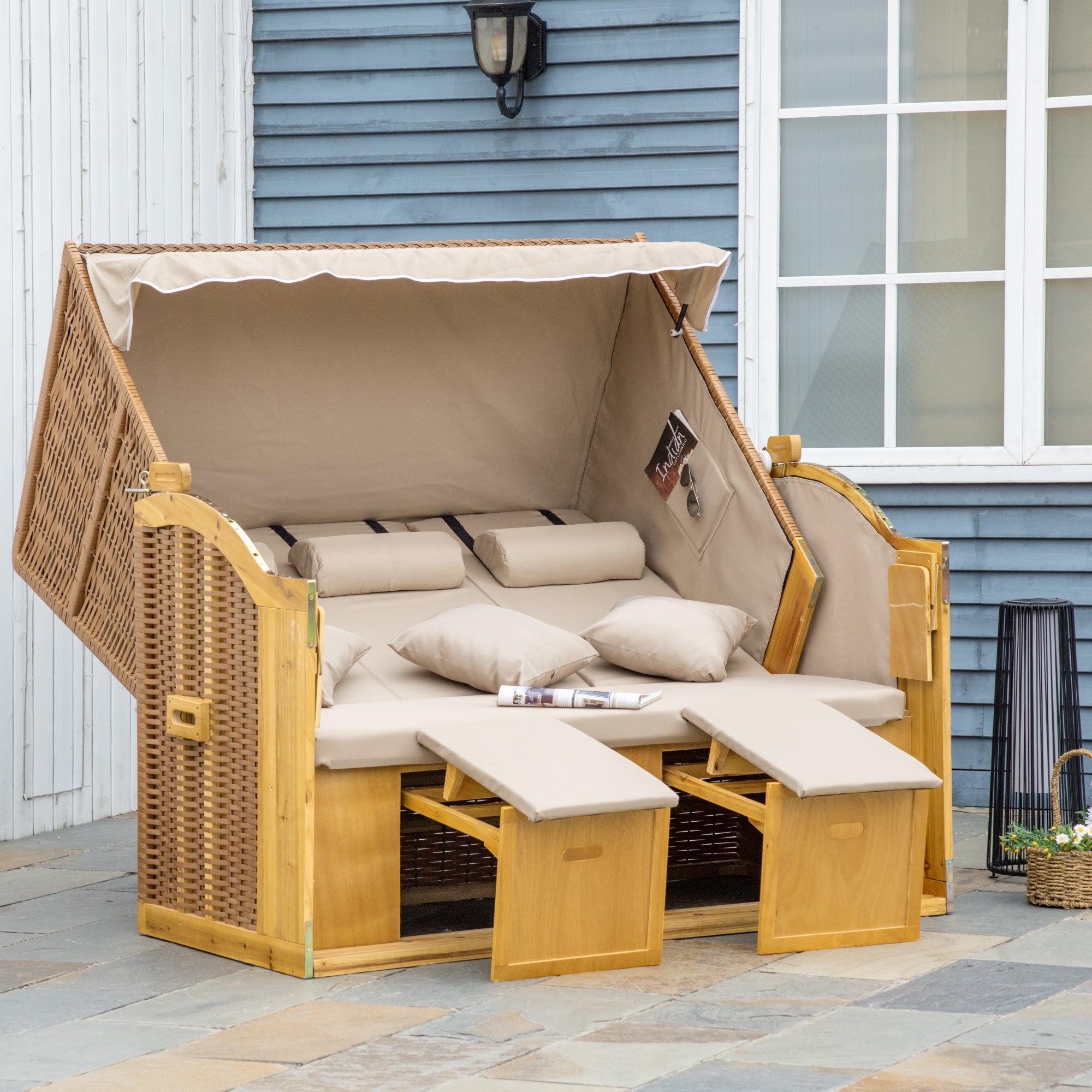 Beach Chair 3-Seater Sun Lounger with Roof 2 Folding Tables Footstool Chaise Longue 5-Position Backrest XXL Poly Rattan Natural 150 x 79 x 160 cm