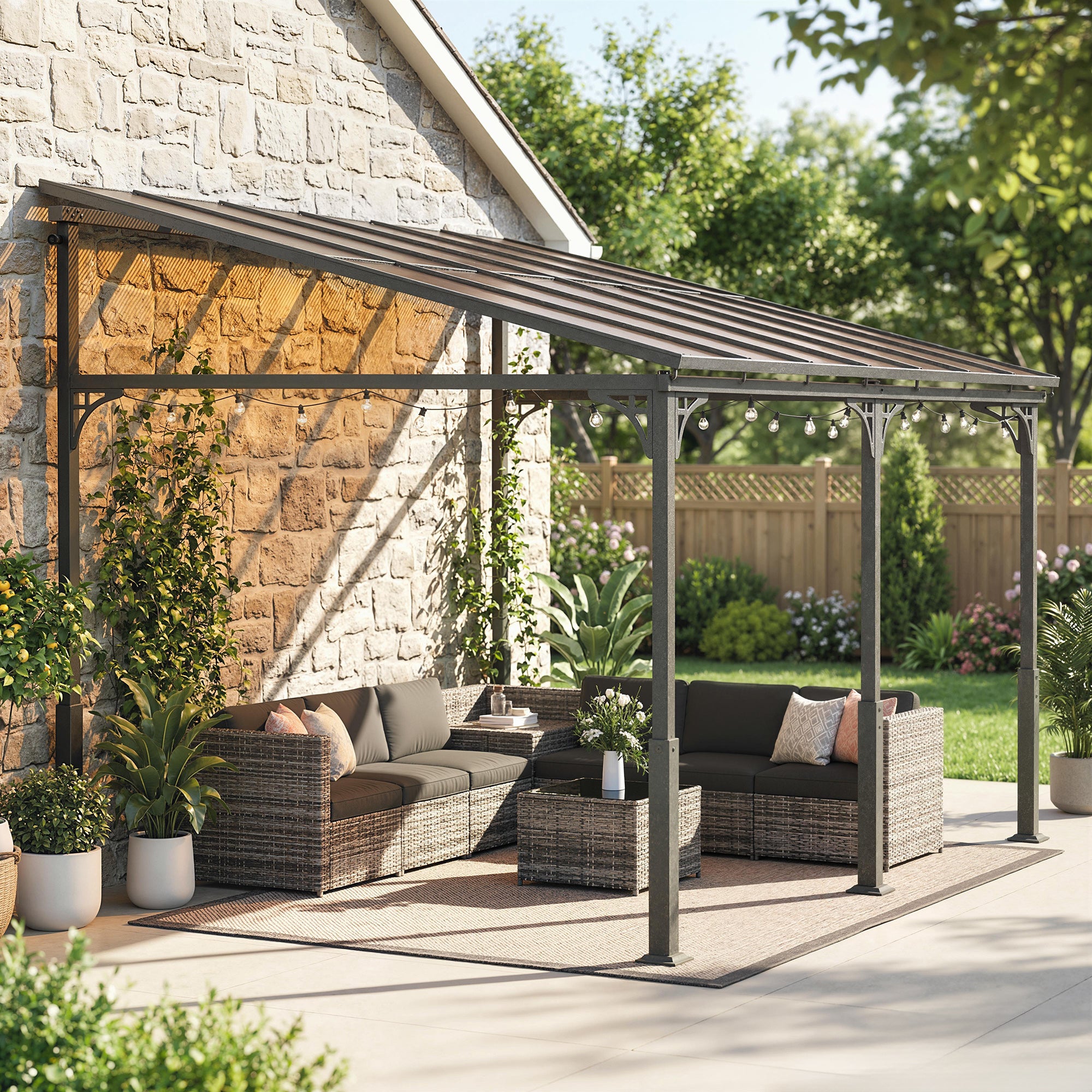 4 x 3 m Wall-Mounted Pergola with 7 mm Polycarbonate Roof — Metal & Aluminum Garden Gazebo, UV Protection, Brown