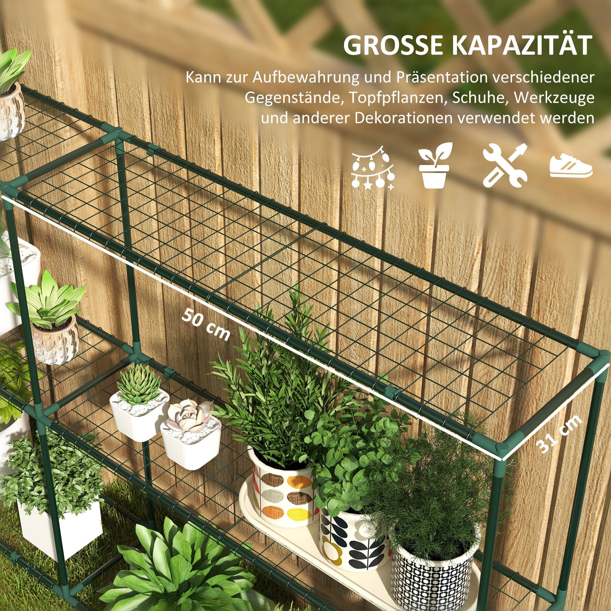 Plant Stand, Flower Rack Plant Staircase with 3 Tiers, Plant Stand, Flower Stand for Garden, Balcony, Steel, Dark Green, 222 x 30 x 114 cm