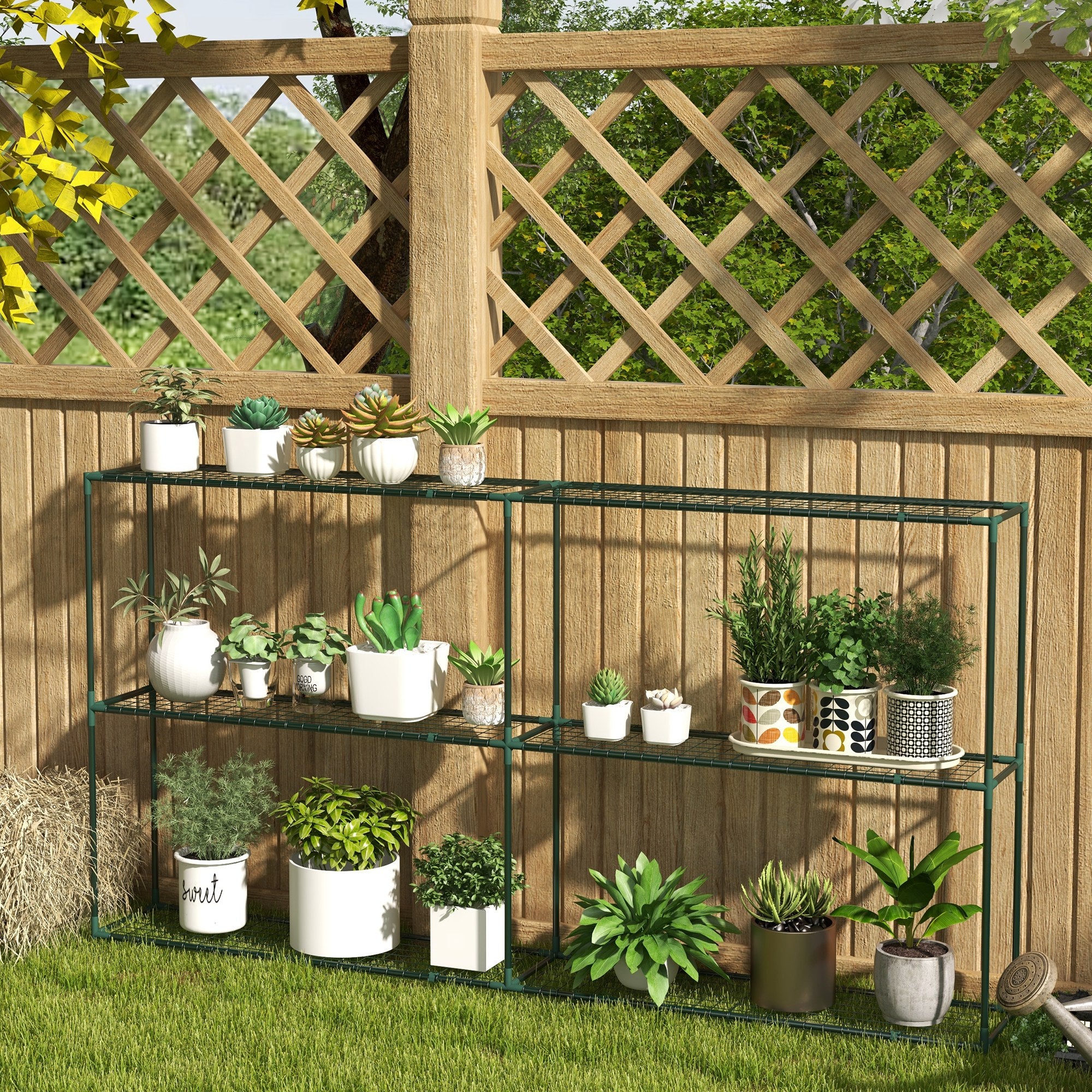 Plant Stand, Flower Rack Plant Staircase with 3 Tiers, Plant Stand, Flower Stand for Garden, Balcony, Steel, Dark Green, 222 x 30 x 114 cm
