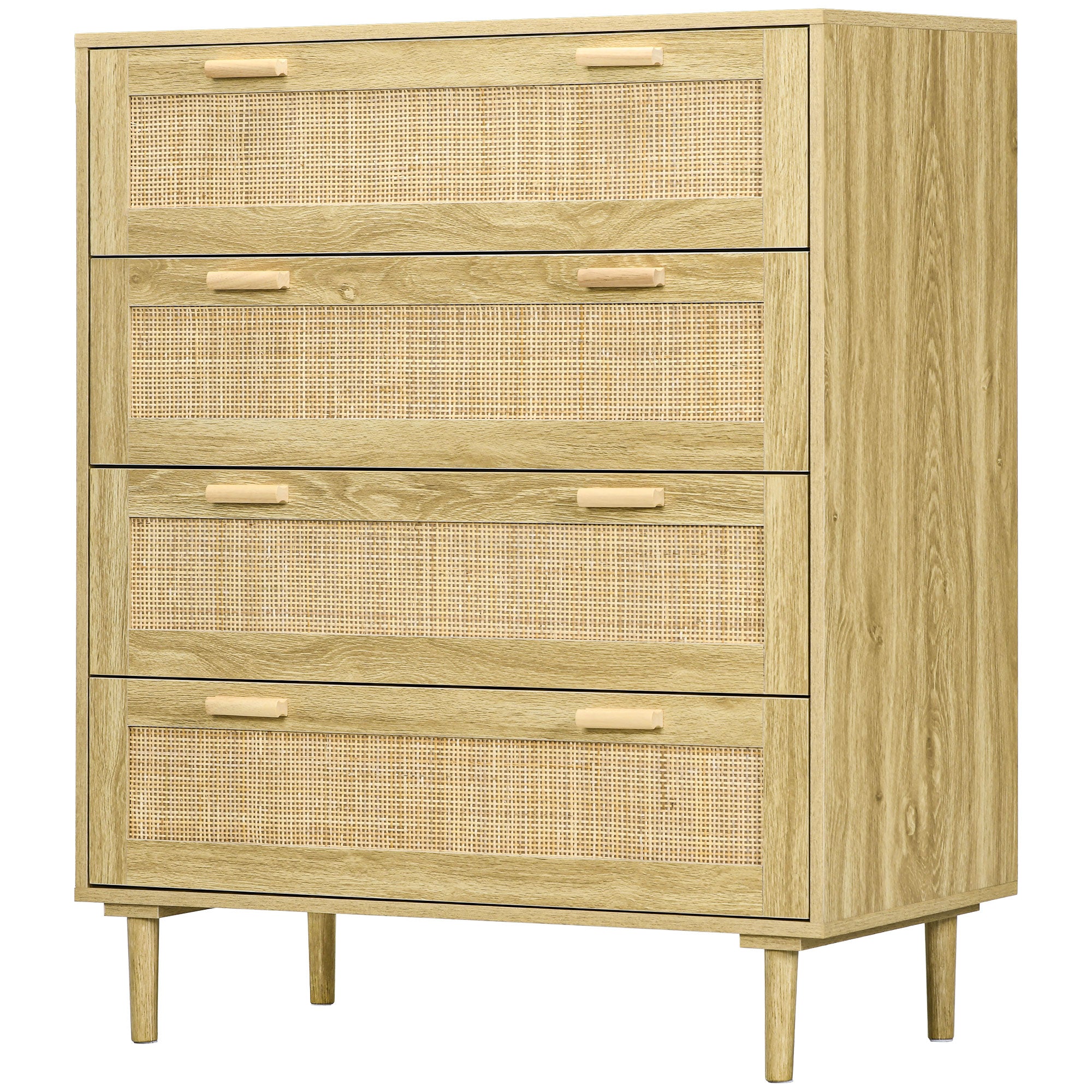 4-Drawer Bedroom Chest Storage Unit with Rattan Weave Front Boho Style in Light Wood Look 90L x 45W x 108.5H cm
