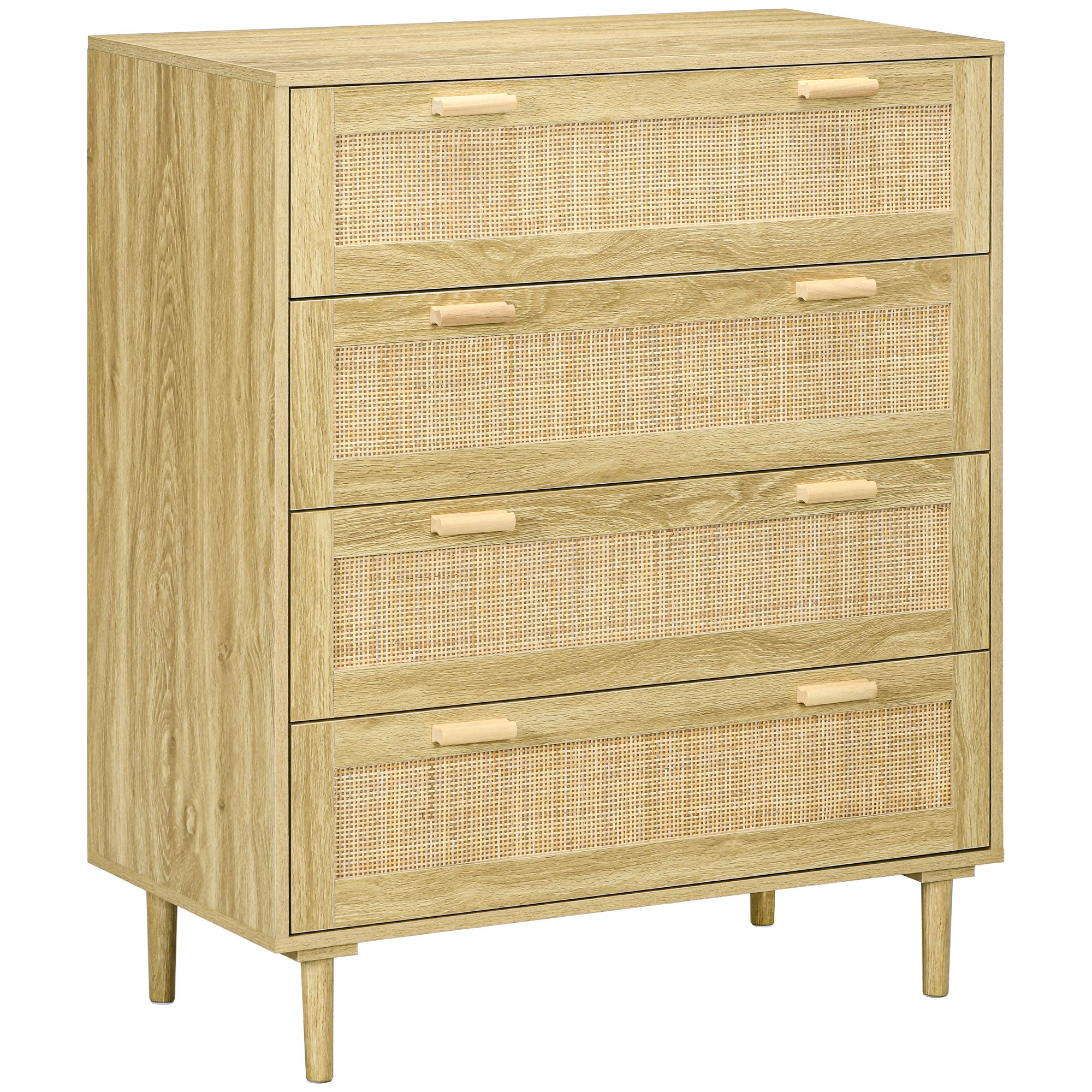4-Drawer Bedroom Chest Storage Unit with Rattan Weave Front Boho Style in Light Wood Look 90L x 45W x 108.5H cm