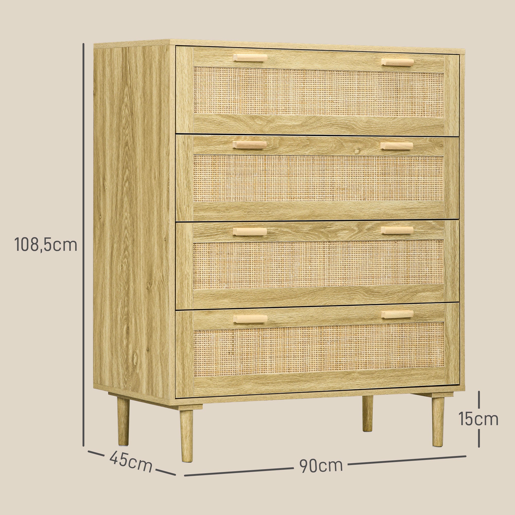 4-Drawer Bedroom Chest Storage Unit with Rattan Weave Front Boho Style in Light Wood Look 90L x 45W x 108.5H cm