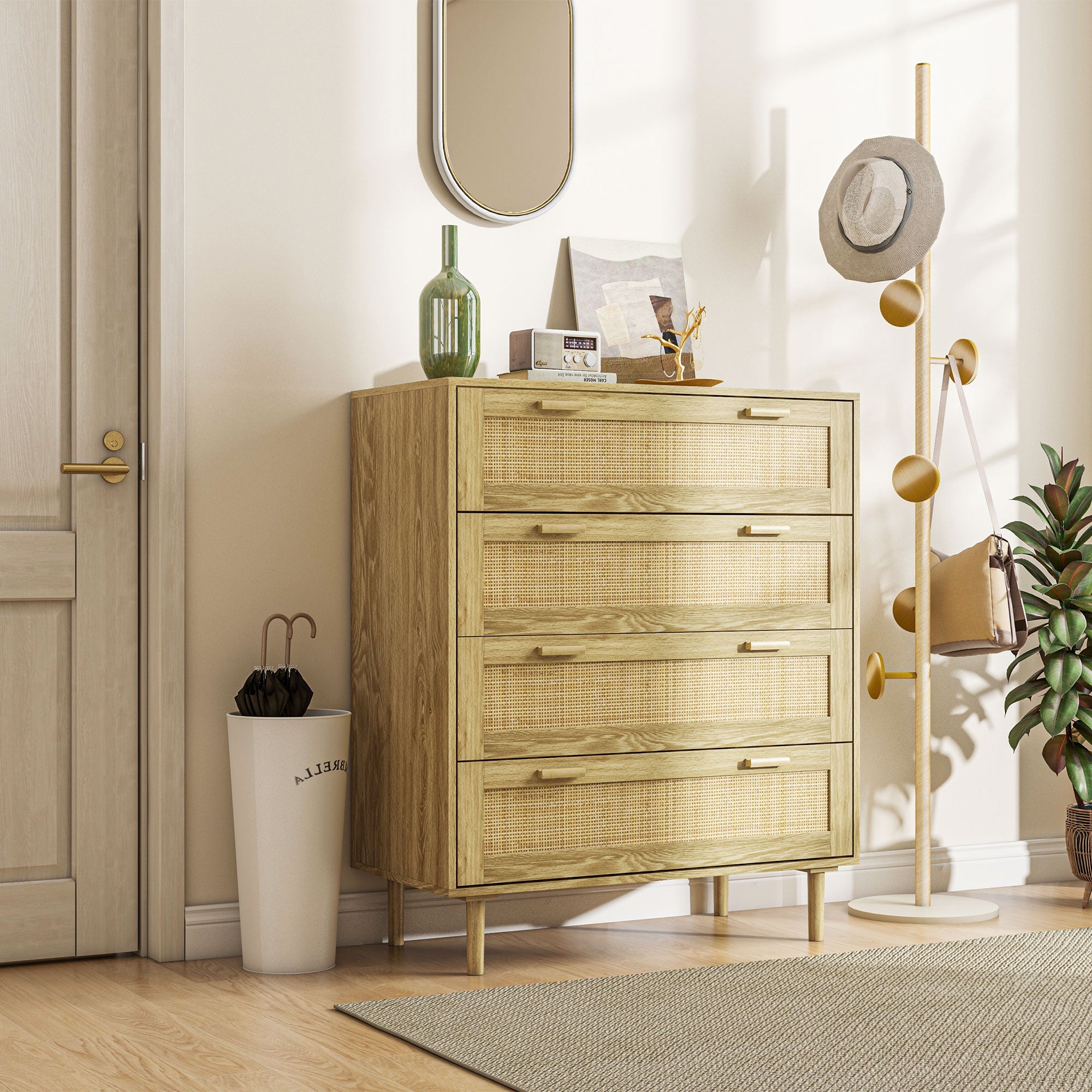 4-Drawer Bedroom Chest Storage Unit with Rattan Weave Front Boho Style in Light Wood Look 90L x 45W x 108.5H cm