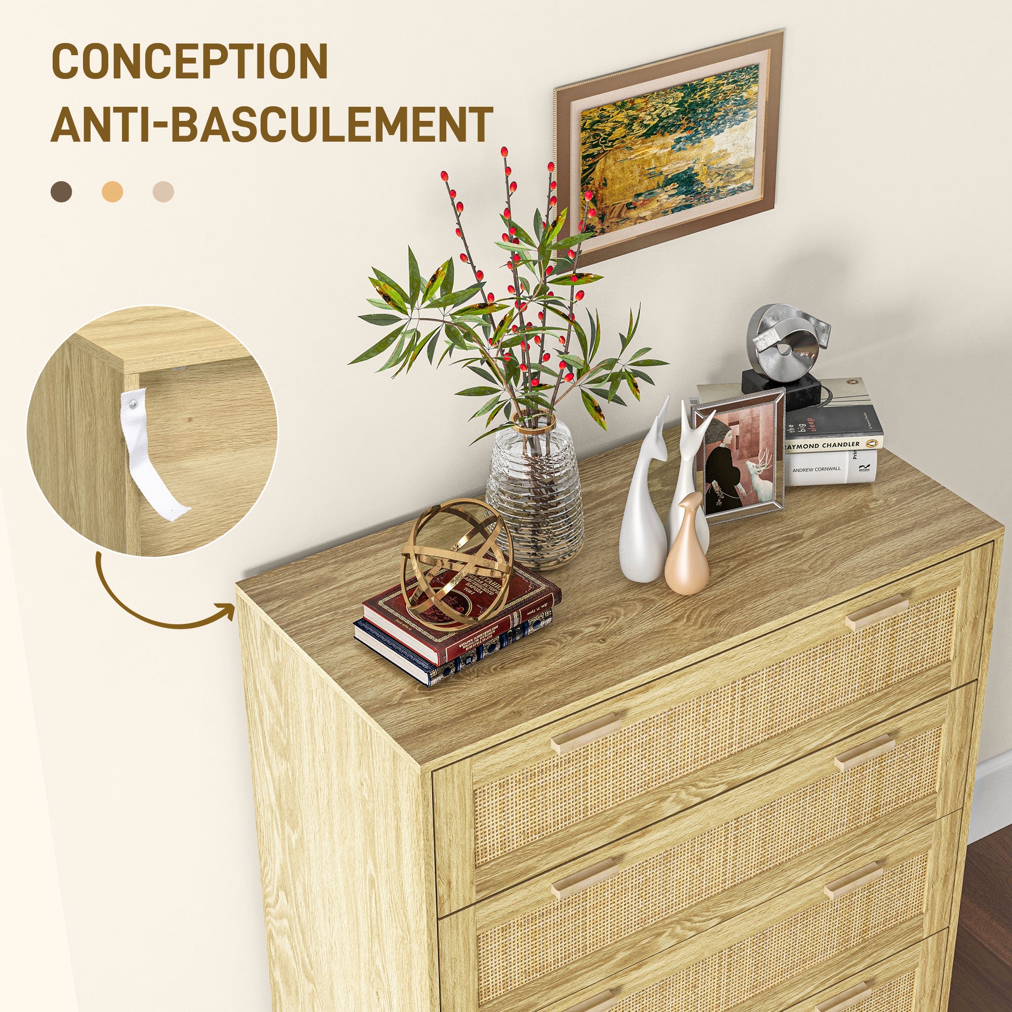 4-Drawer Bedroom Chest Storage Unit with Rattan Weave Front Boho Style in Light Wood Look 90L x 45W x 108.5H cm