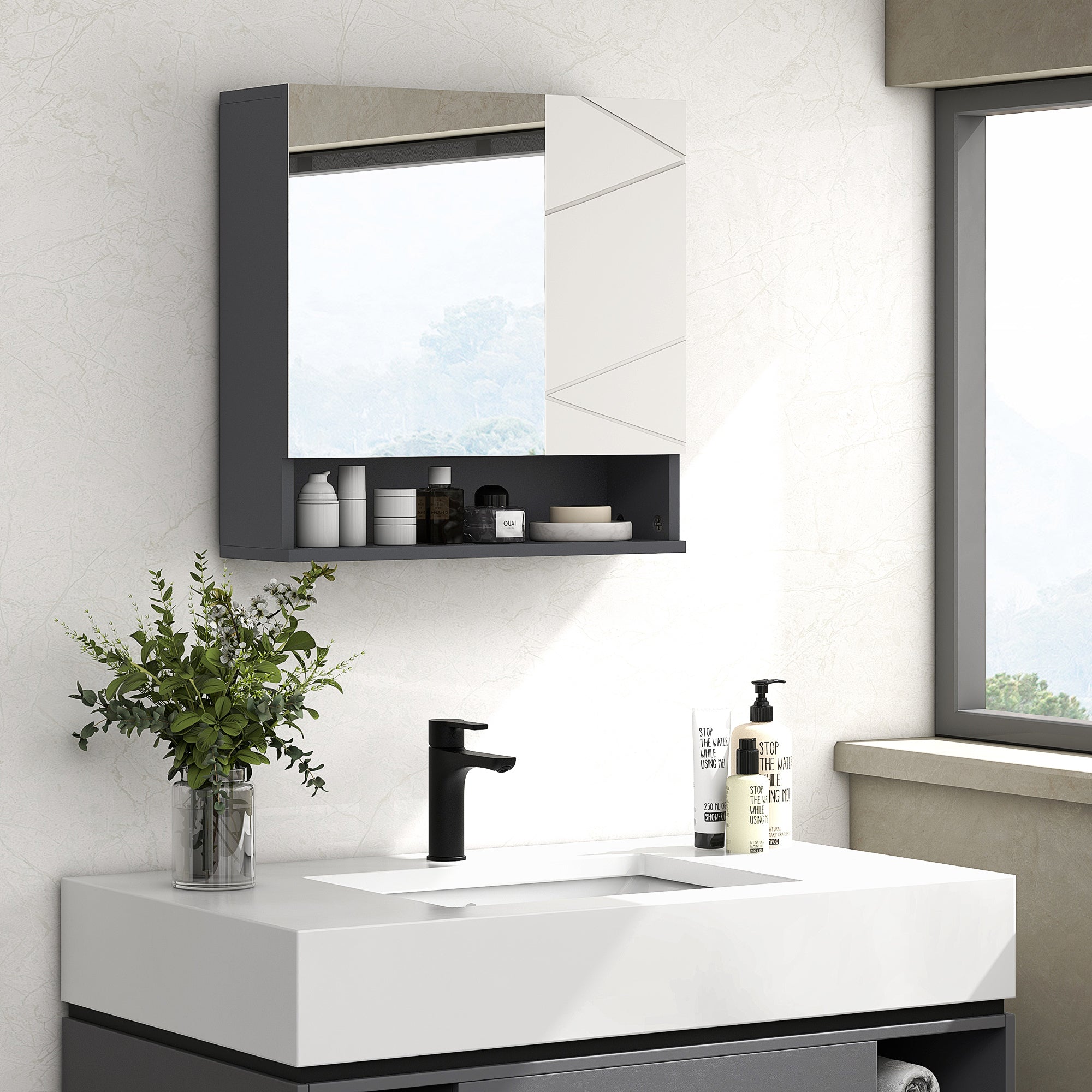 Bathroom Mirror Cabinet, Bathroom Cabinet with Mirror, Wall Cabinet with Adjustable Shelf, Open Compartment, Anti-Fog Feature, Wall Cabinet 55x17x55cm Gray