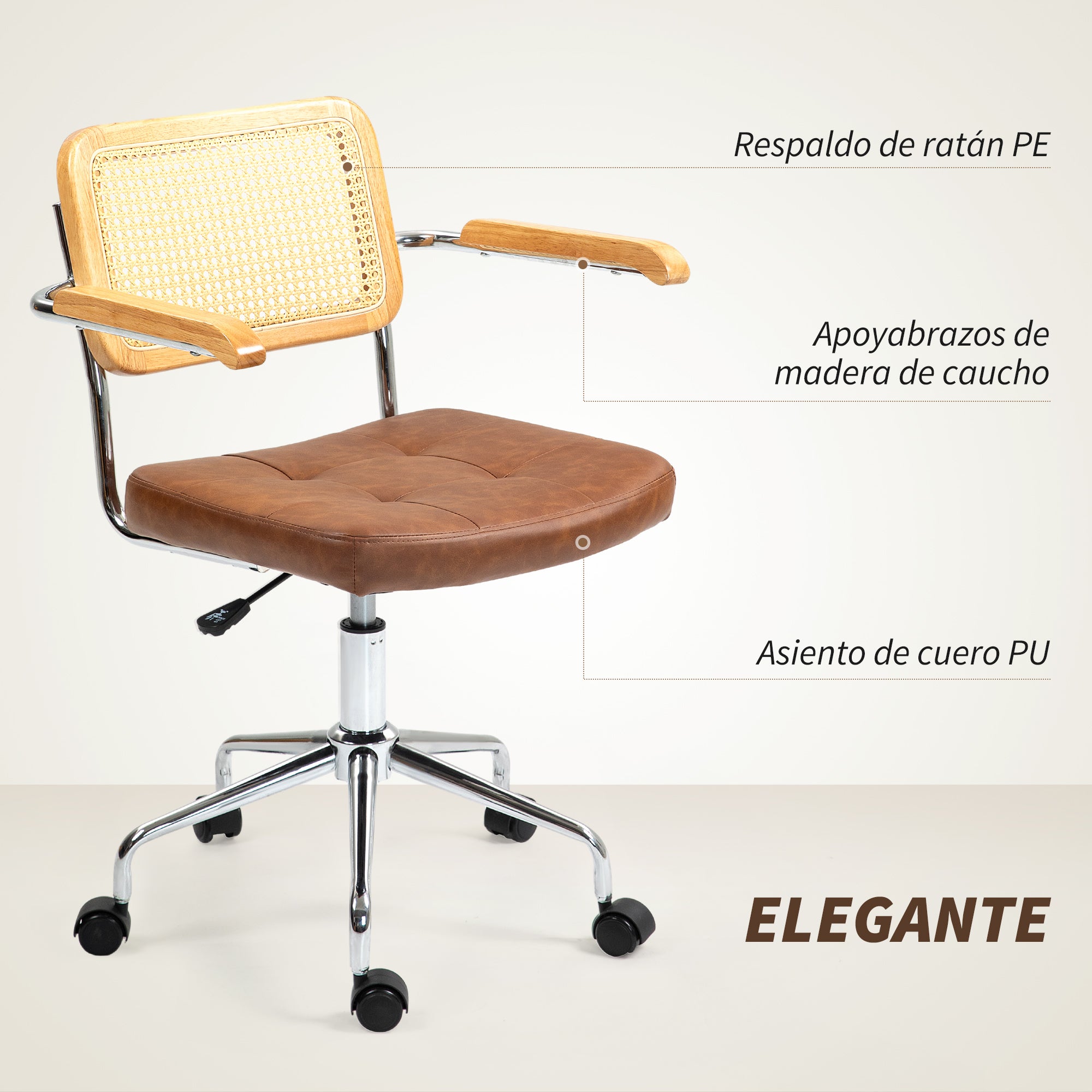 Swivel Office Chair Adjustable Height Desk Chair with Synthetic Rattan Backrest Rocking Function Study Chair Load 120 kg 60x55.5x82-90 cm Brown