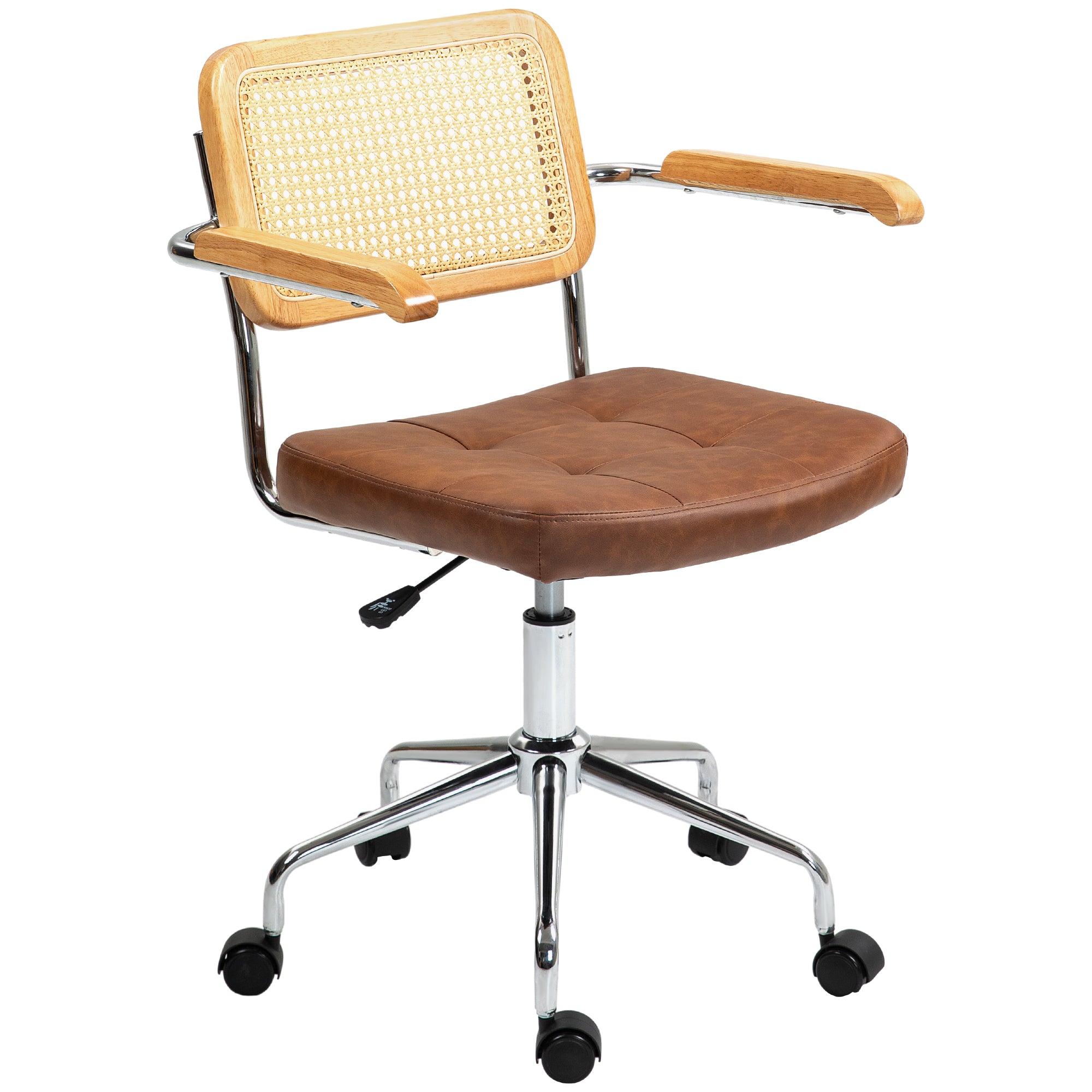 Swivel Office Chair Adjustable Height Desk Chair with Synthetic Rattan Backrest Rocking Function Study Chair Load 120 kg 60x55.5x82-90 cm Brown