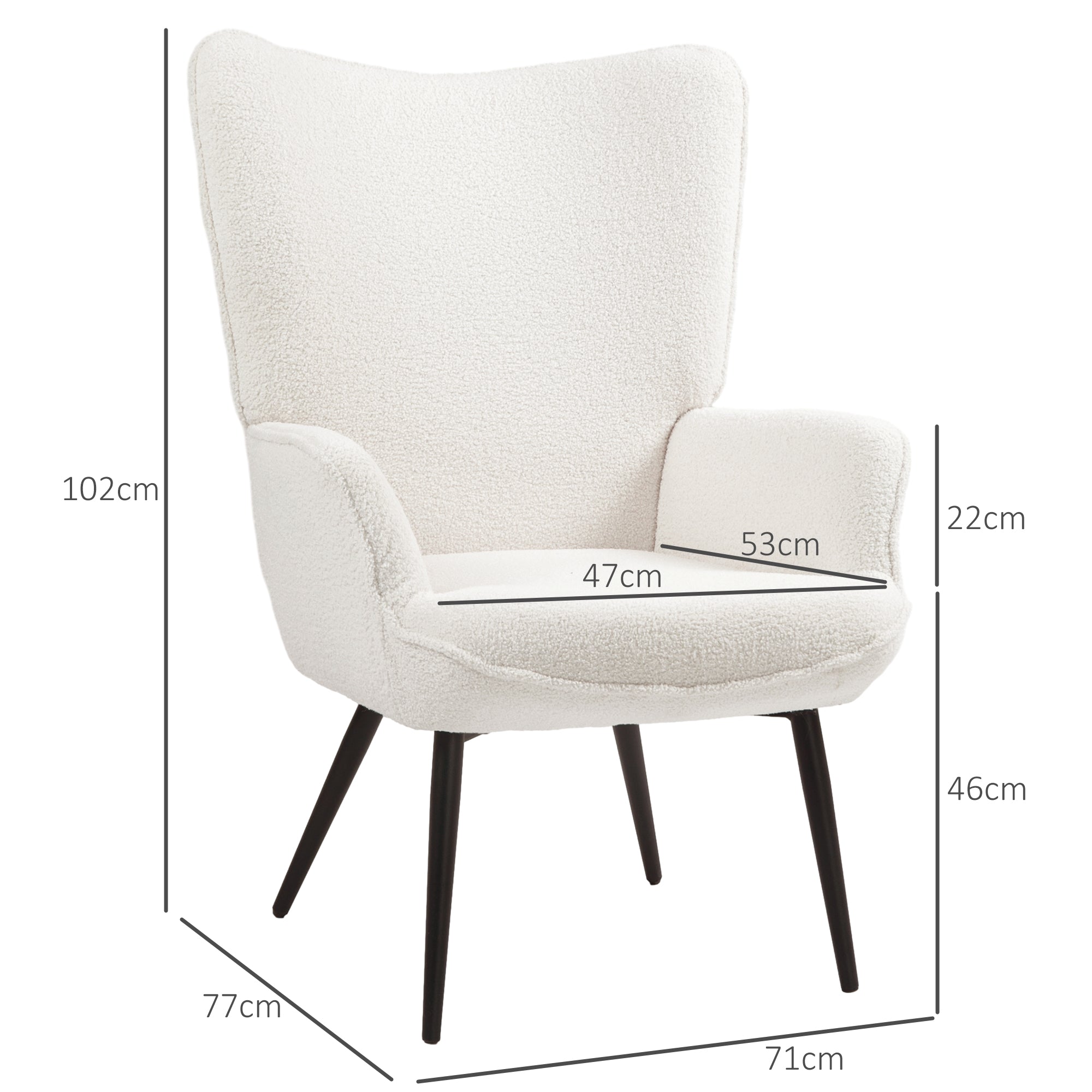 Wingback Armchair Upholstered Lounge Chair with Armrest, Metal Legs, Modern-Style Chair for Living Room, Bedroom, Cream White