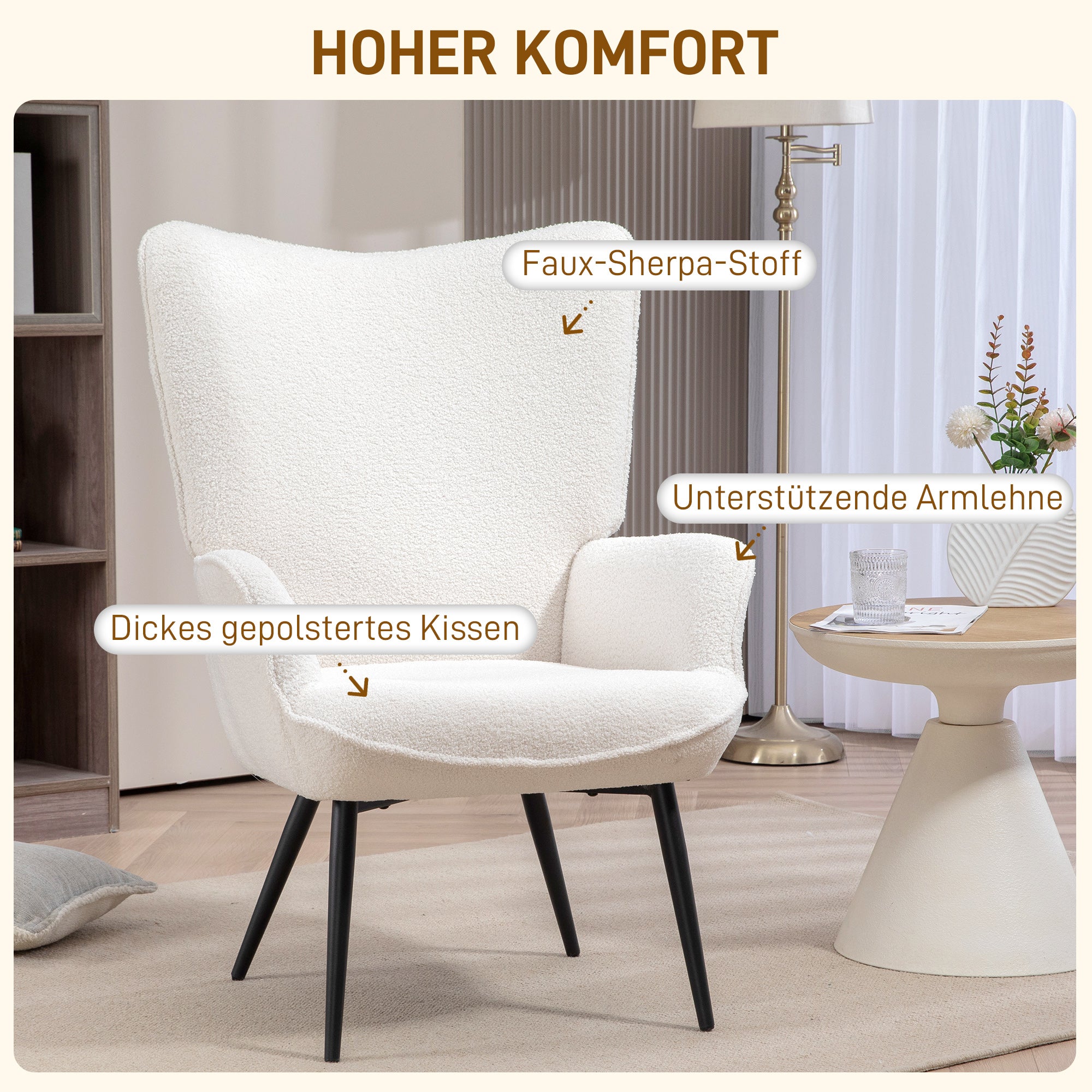 Wingback Armchair Upholstered Lounge Chair with Armrest, Metal Legs, Modern-Style Chair for Living Room, Bedroom, Cream White