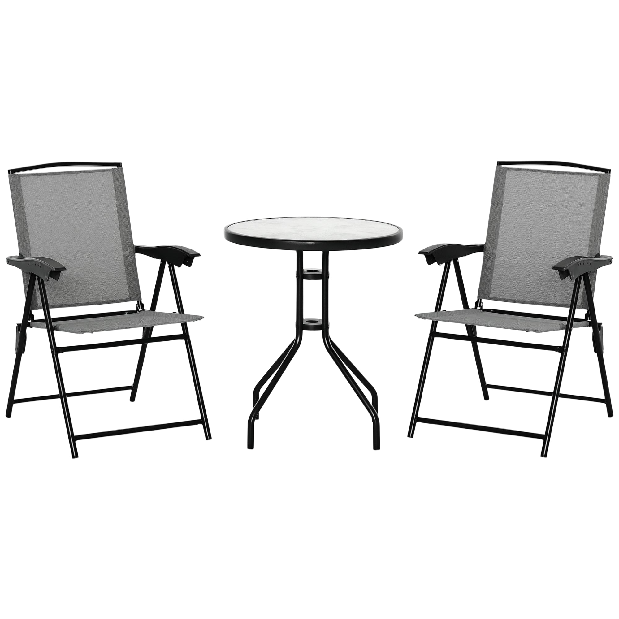 3-Piece Garden Set 2 Reclining Chairs Multi-Position Foldable + Round Table Tempered Glass Metal Textilene Gray